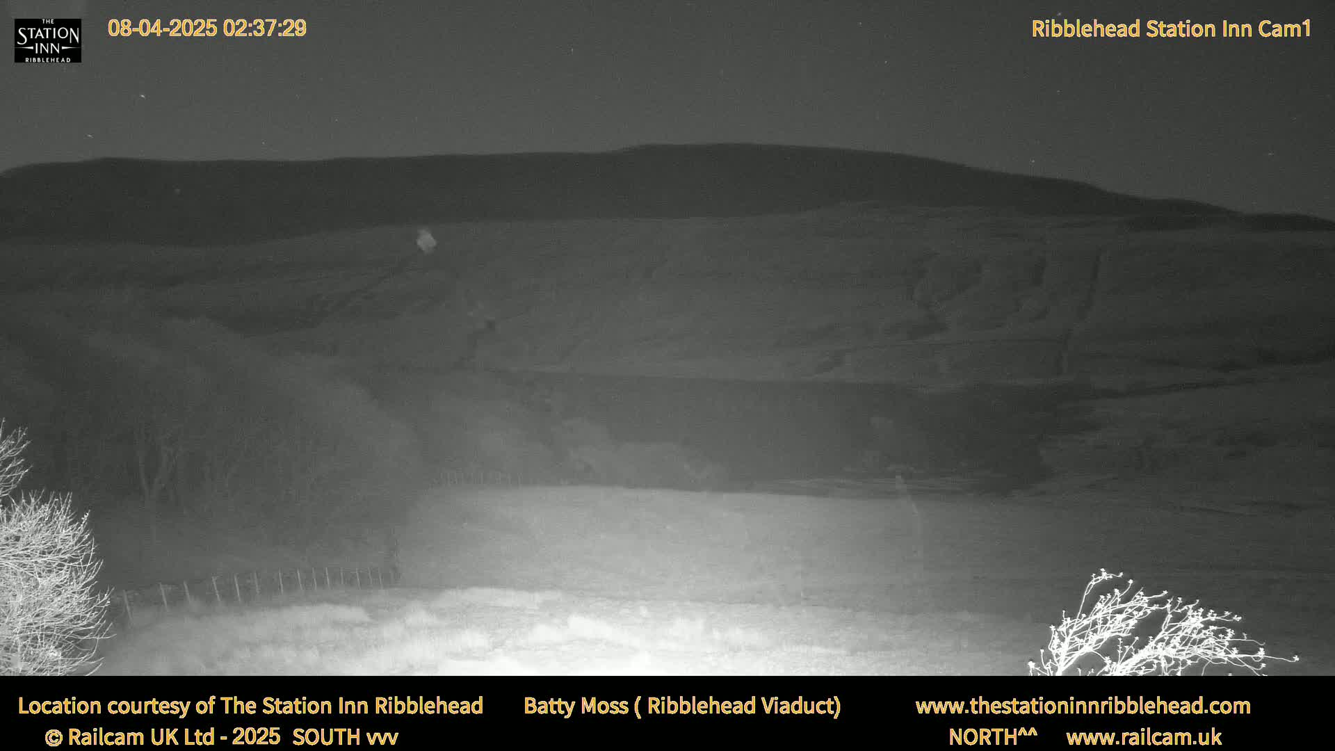 A nighttime, low-light outdoor image shows a dark, snow-covered landscape with hills in the background under a mostly clear night sky.