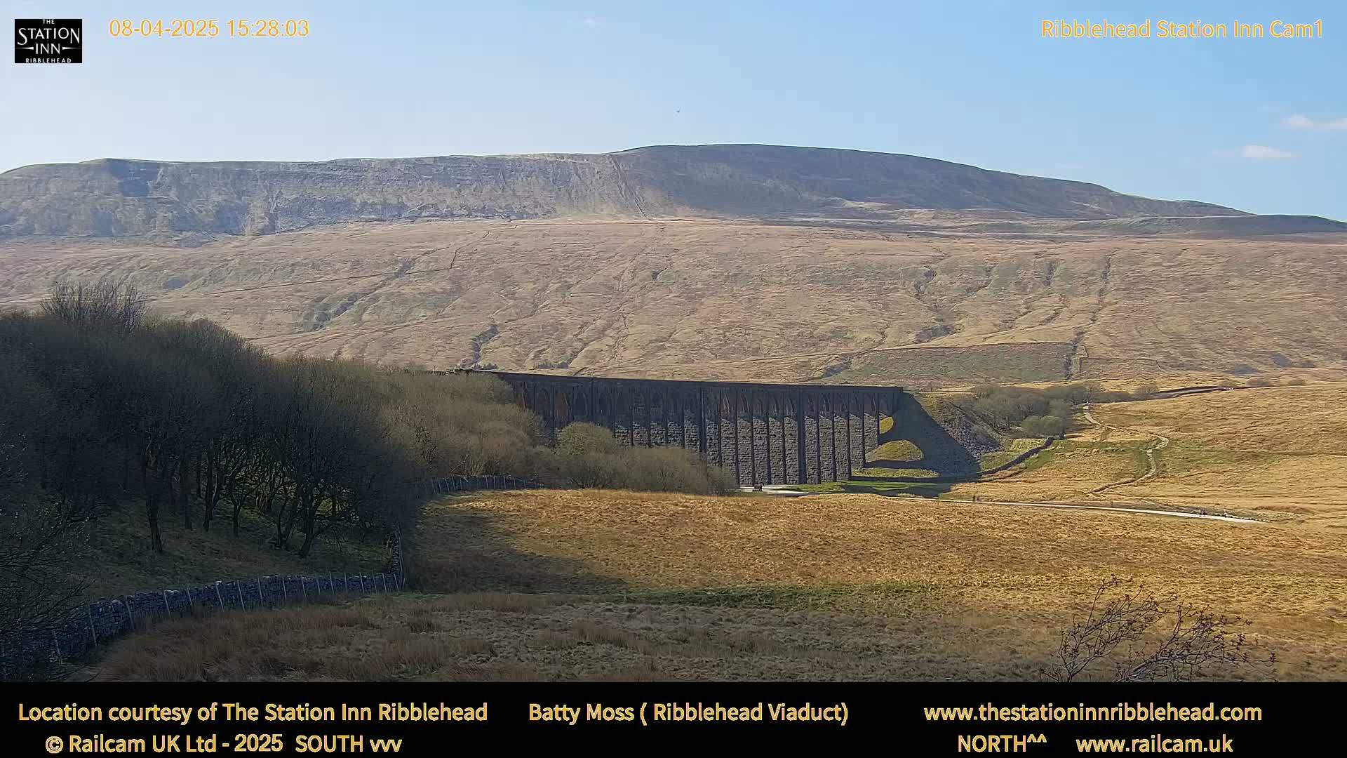 A long stone viaduct sits in a valley under a clear blue sky, with a large hill in the background.