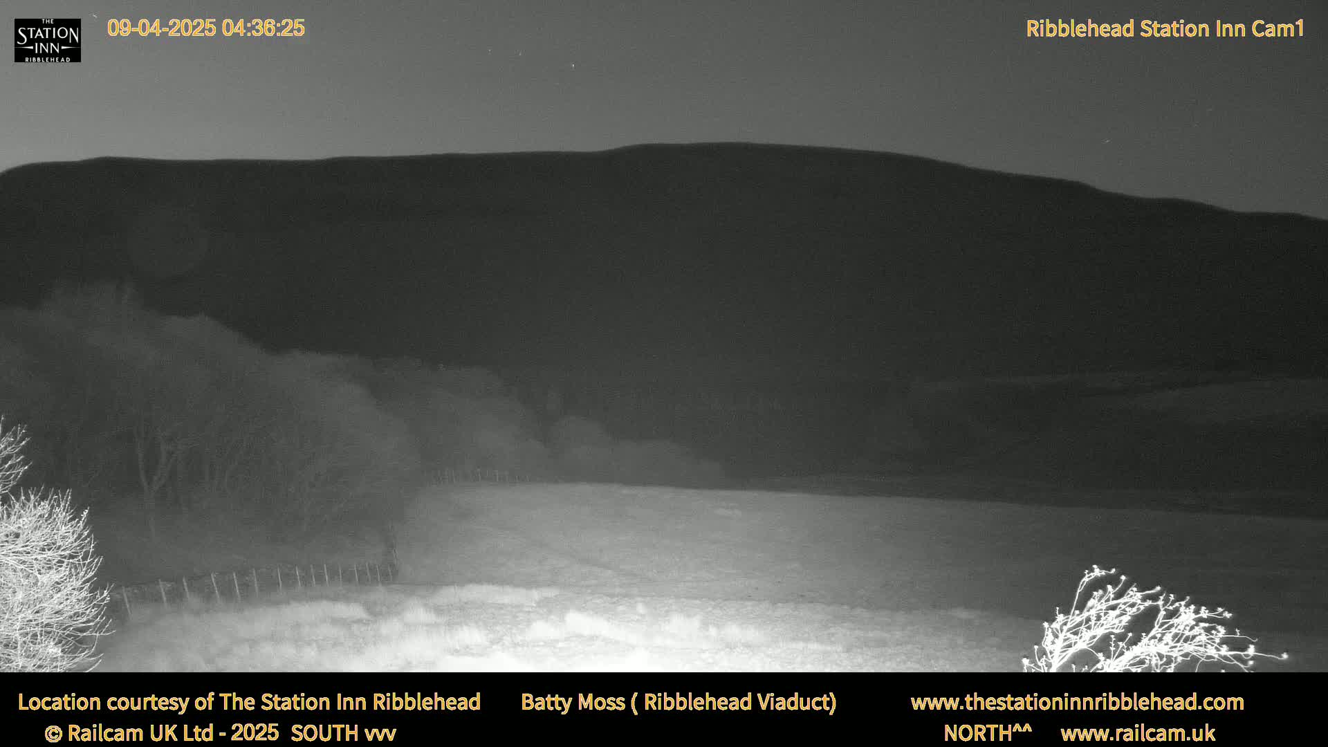 A dark, nighttime view of a hill and flat, snow-covered land, under a clear sky with a few visible stars.