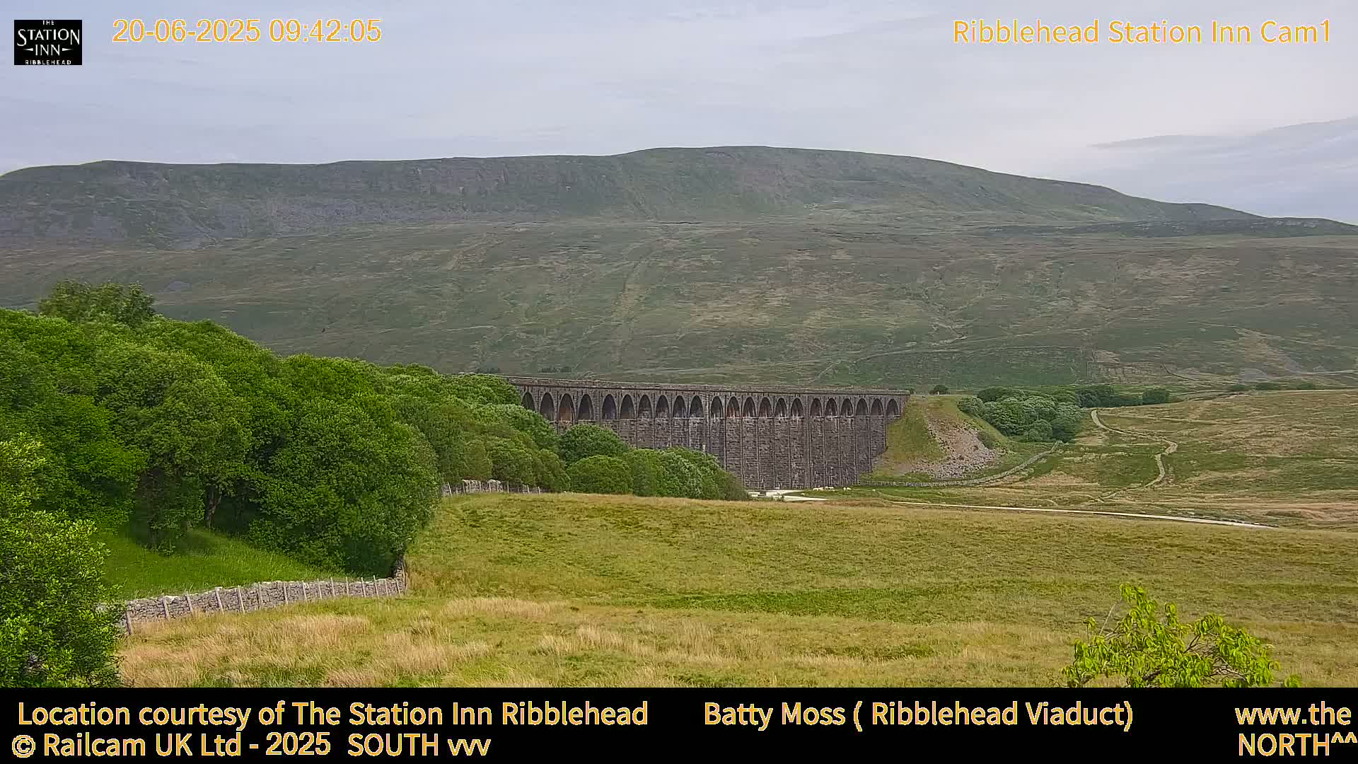 A large stone viaduct sits in a grassy valley beneath a large, gently sloping hill under an overcast sky.