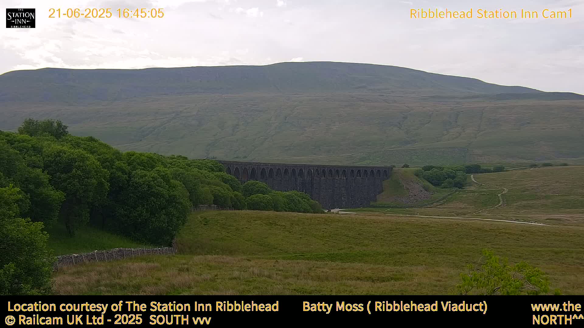A large stone viaduct is situated in a green valley, with a mountain in the background under an overcast sky.