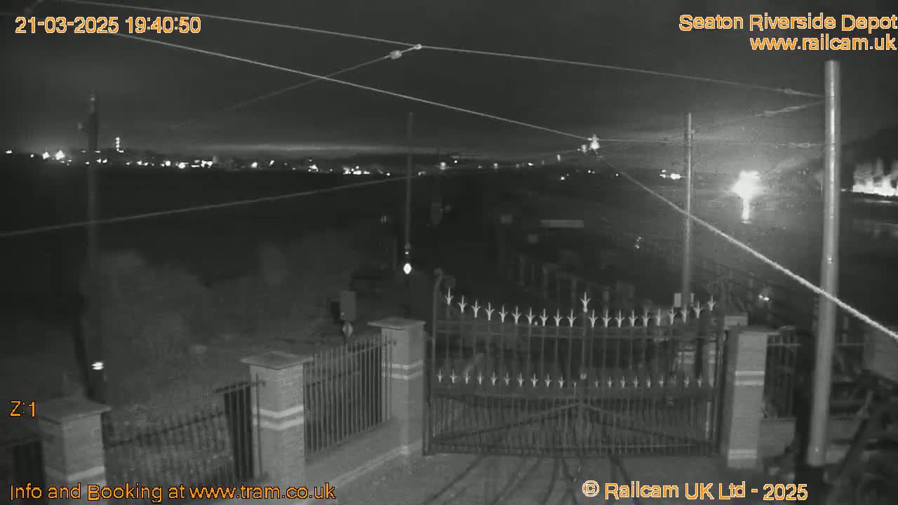 A nighttime, black-and-white view of a gated entrance with overhead wires, overlooking a dimly lit area with distant lights.