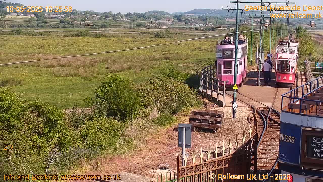 Two vintage trams are at a station on a sunny day, next to a grassy area and hills in the distance.