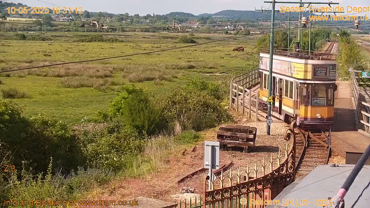 A yellow tram sits on a railway track next to a grassy field under a sunny sky.