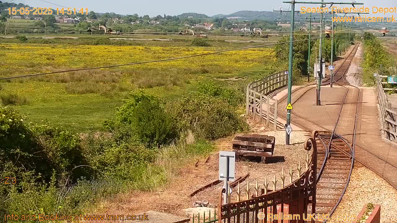 A sunny view of a railway depot with a large field of yellow wildflowers in the background.