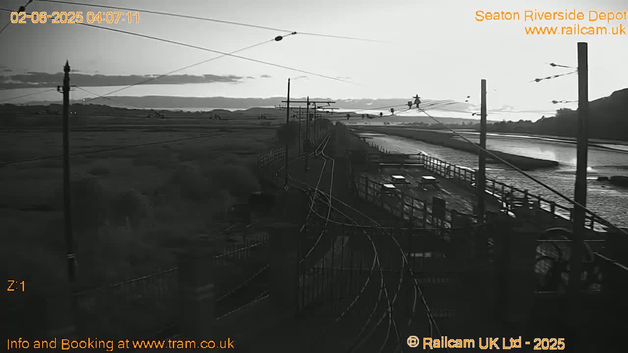 A grayscale, long shot of a train depot at dawn, showing train tracks, power lines, and a calm body of water.