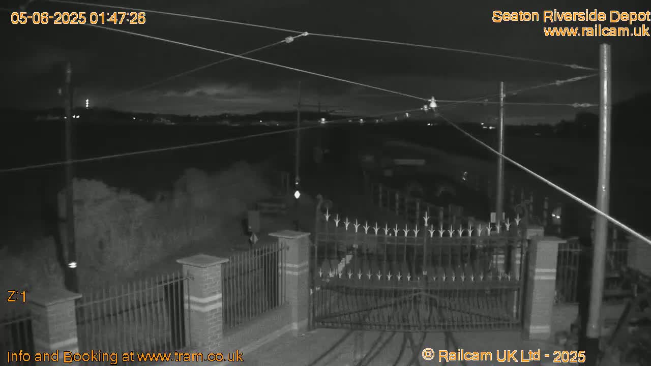 A nighttime, low-light grayscale image shows an ornate metal gate at the entrance to a fenced area, with power lines overhead and a dimly lit background.