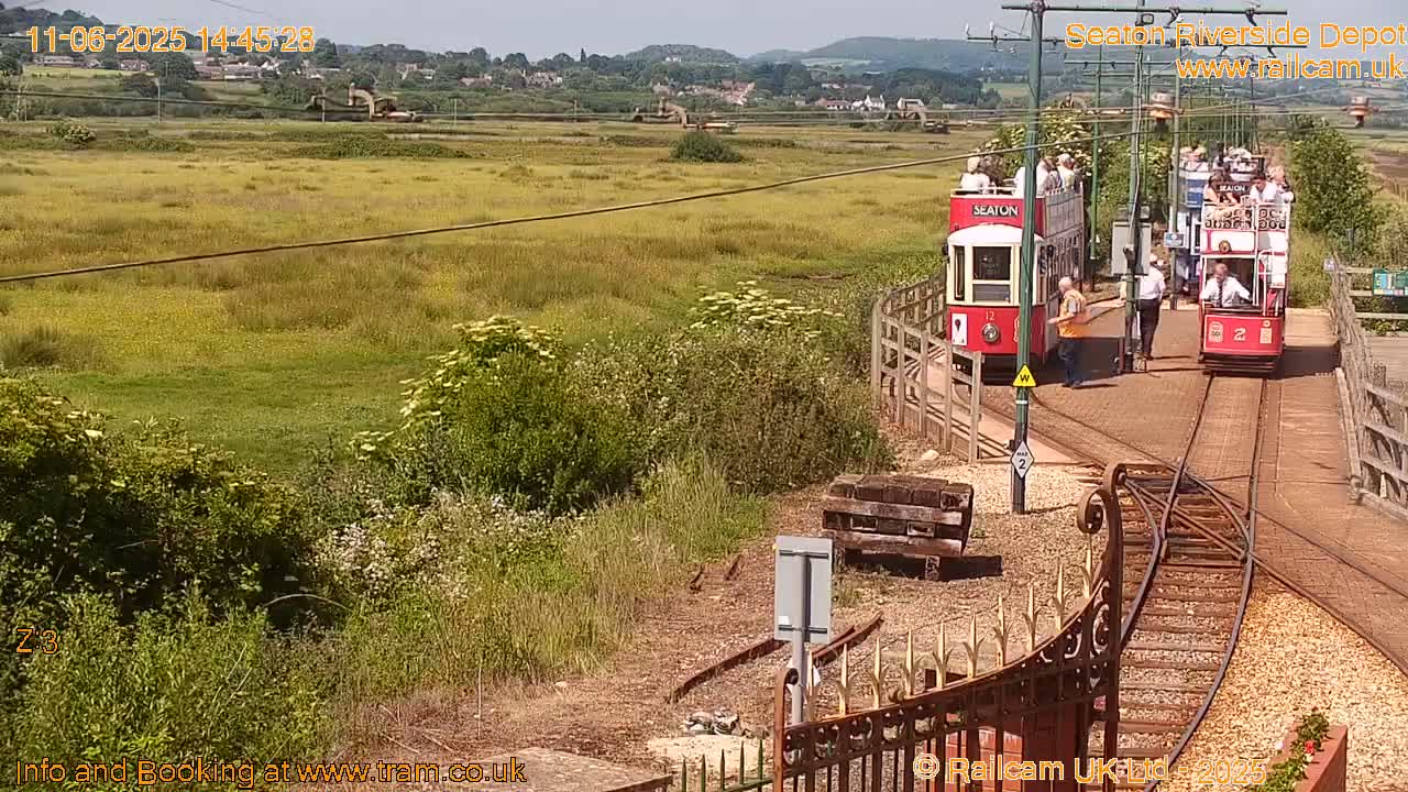 Two red trams carrying passengers travel along a track on a sunny day, passing through a grassy area with wildflowers and a distant view of hills and houses.