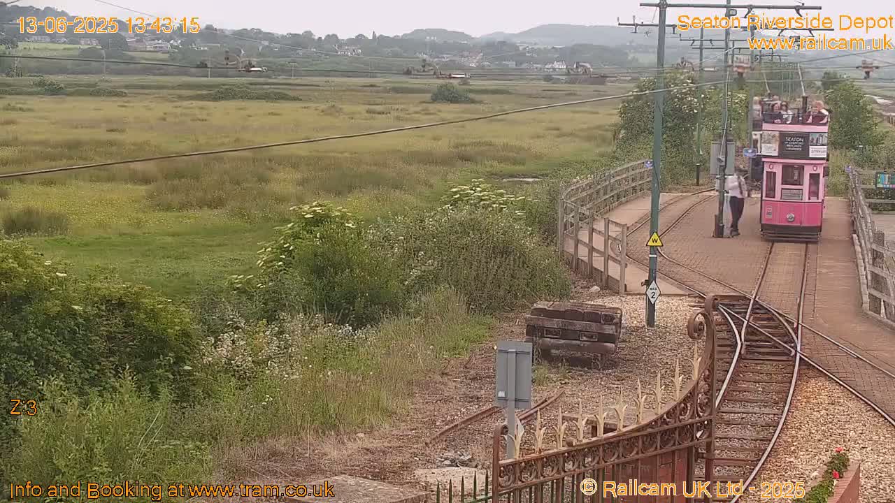 A pink tram carrying passengers approaches a railway junction in an overcast setting, surrounded by grassy fields and a low-lying landscape.