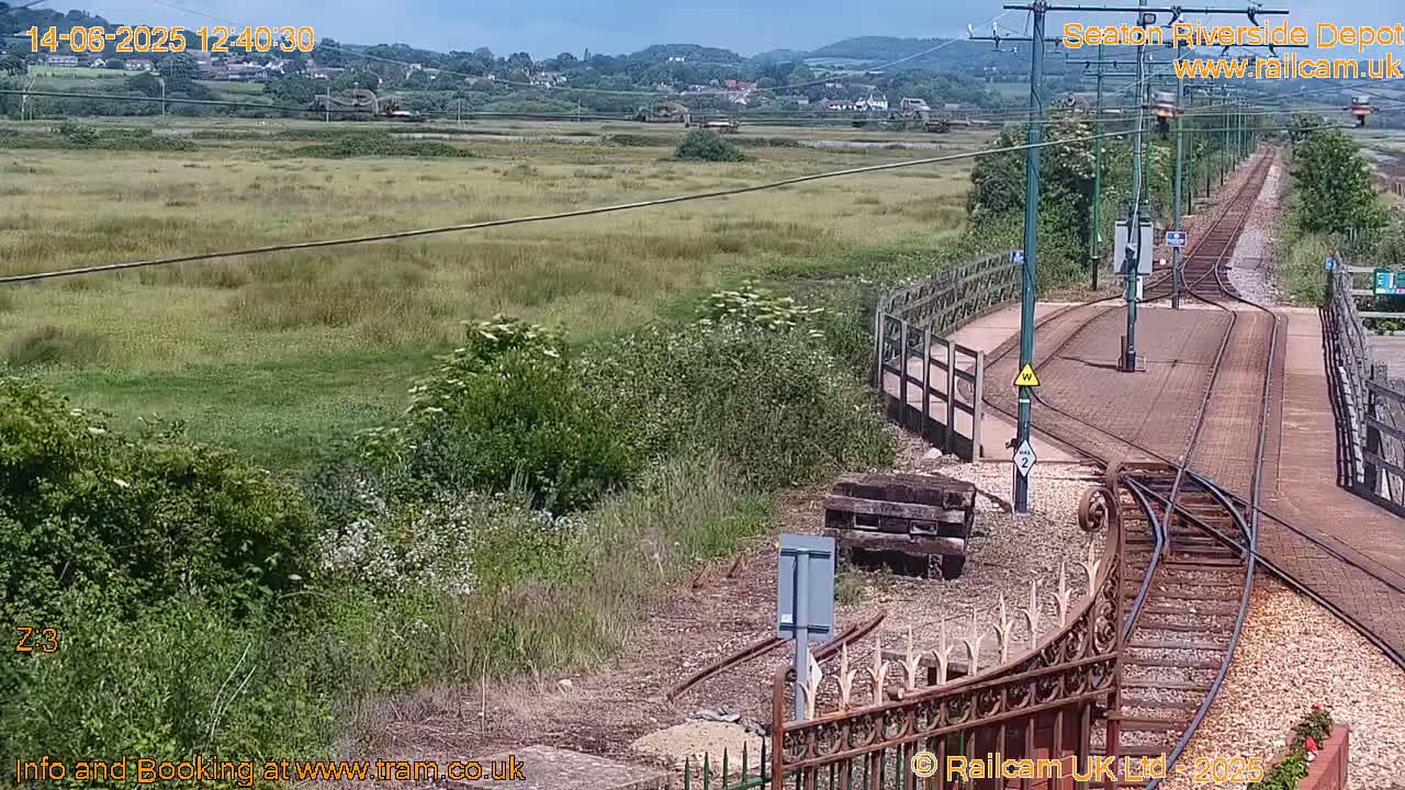 A high-angle view of a train depot with railway tracks, under a partly cloudy sky, shows grassy fields and vegetation beyond the depot.