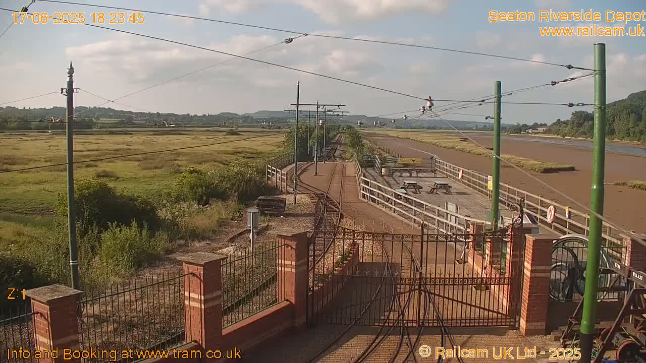 A sunny view of a train depot and track, alongside a muddy riverbank and grassy marsh.