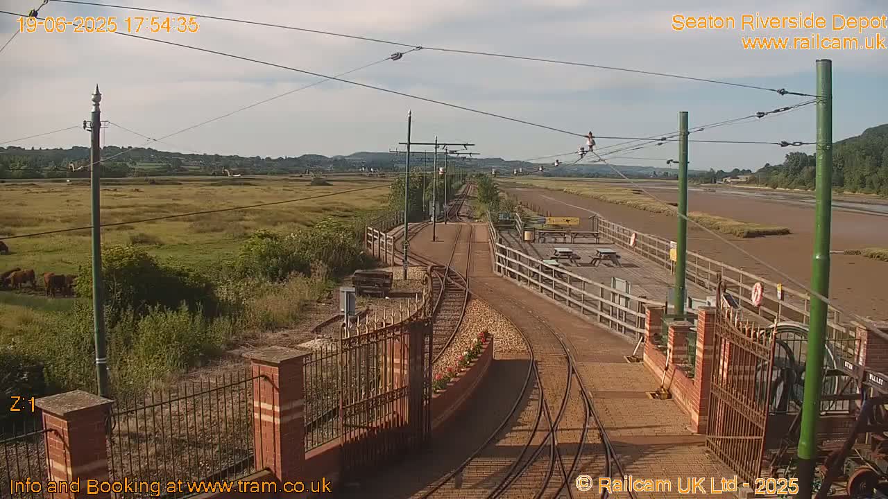 A sunny view of a train depot with tracks curving toward a platform, a fenced-in area with picnic tables, and a grassy expanse beyond with cattle grazing.