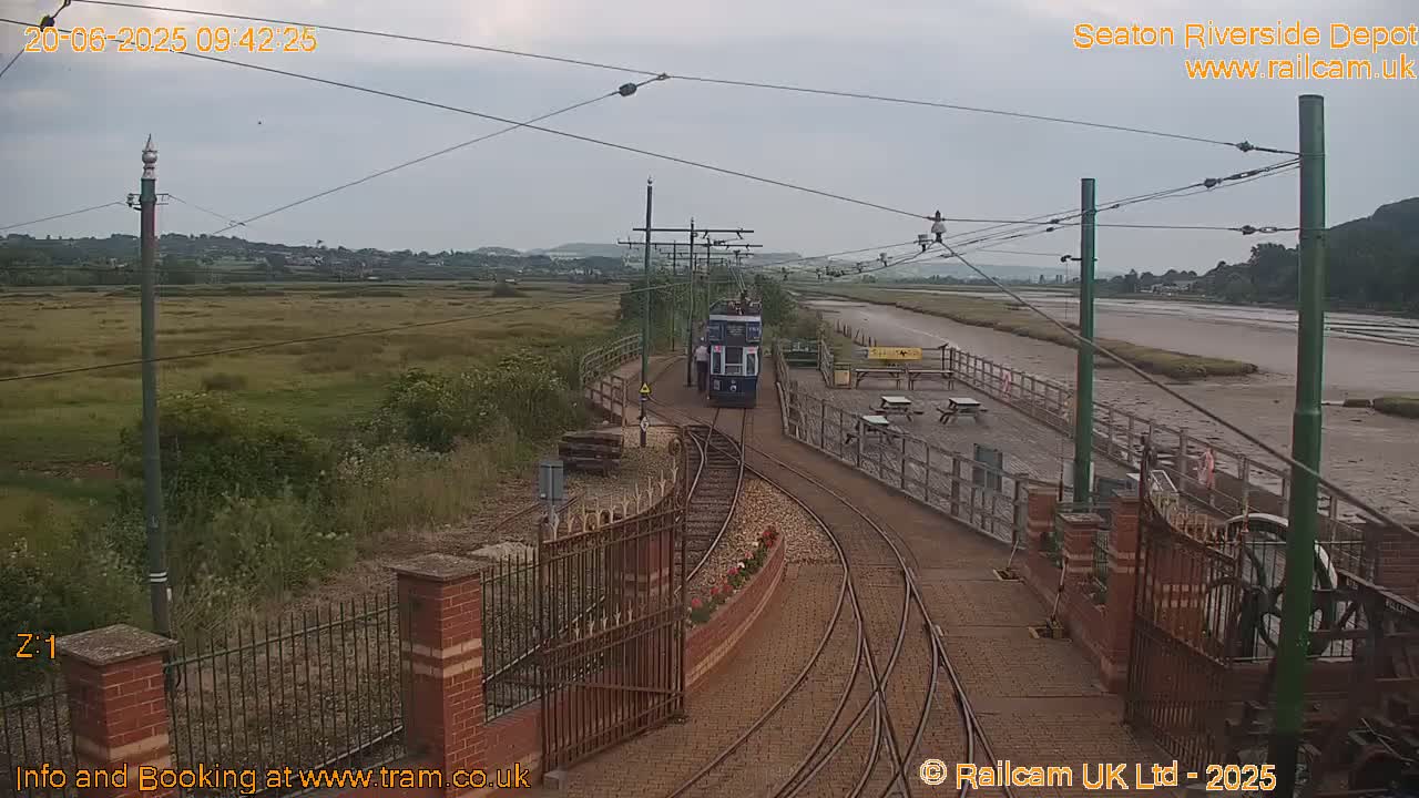 A blue tram approaches a depot on a cloudy day, beside a body of water and marshland.
