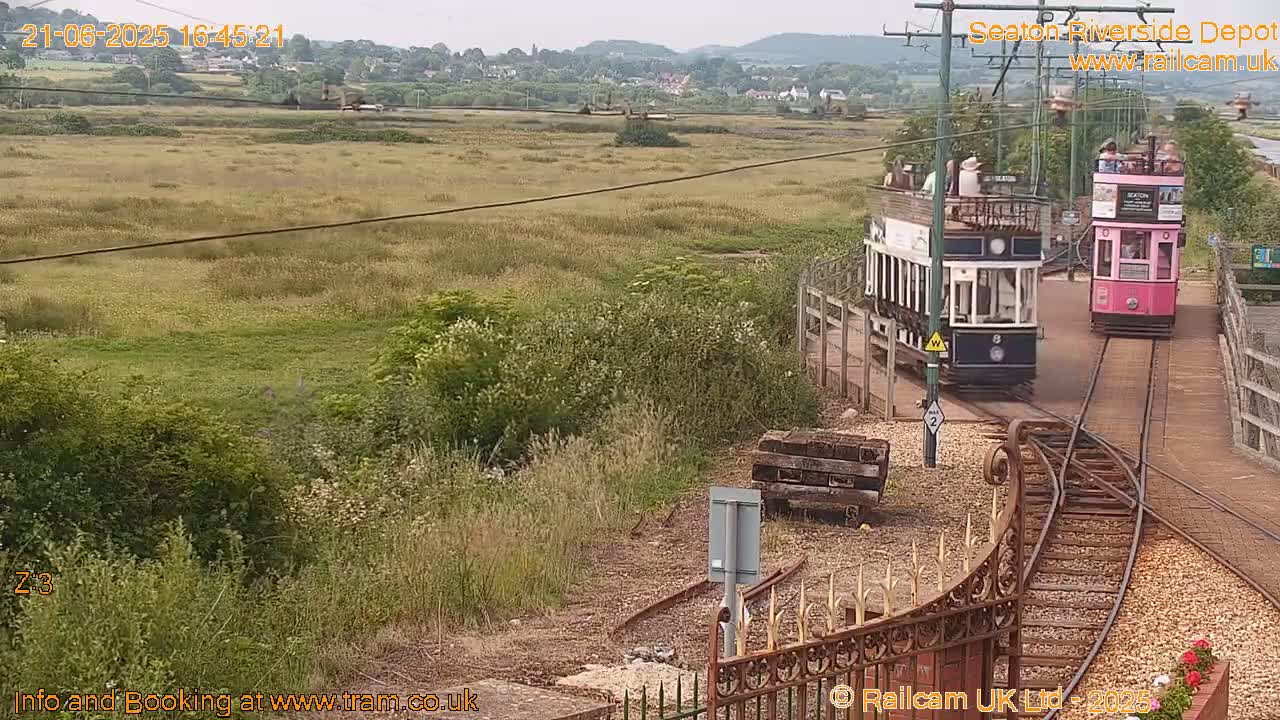 Two vintage trams, one pink and one white, are traveling along tracks in a grassy area, under a partly cloudy sky.