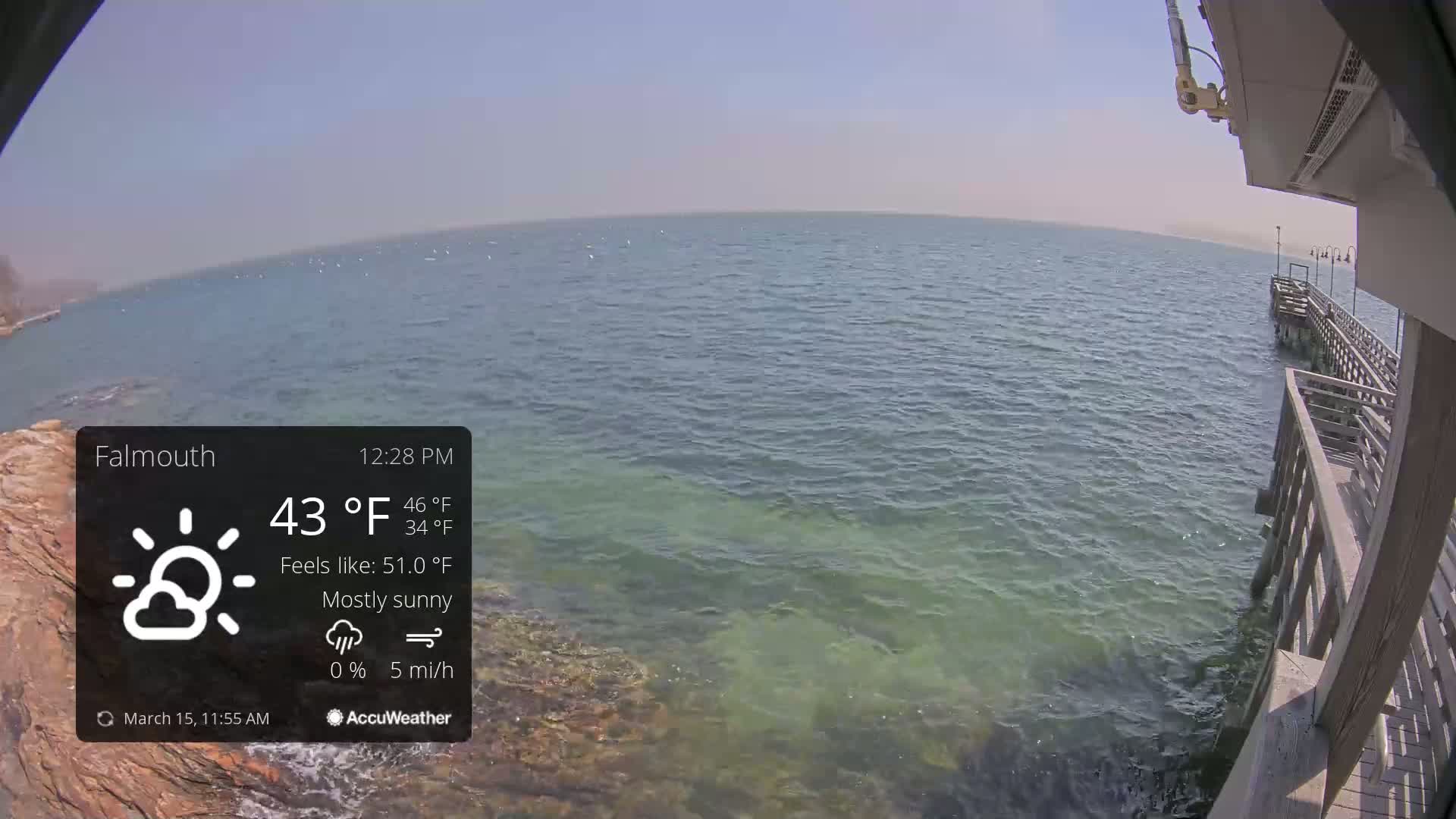 A mostly sunny, calm day with a temperature of 43°F is shown overlooking a calm body of water from a wooden pier.