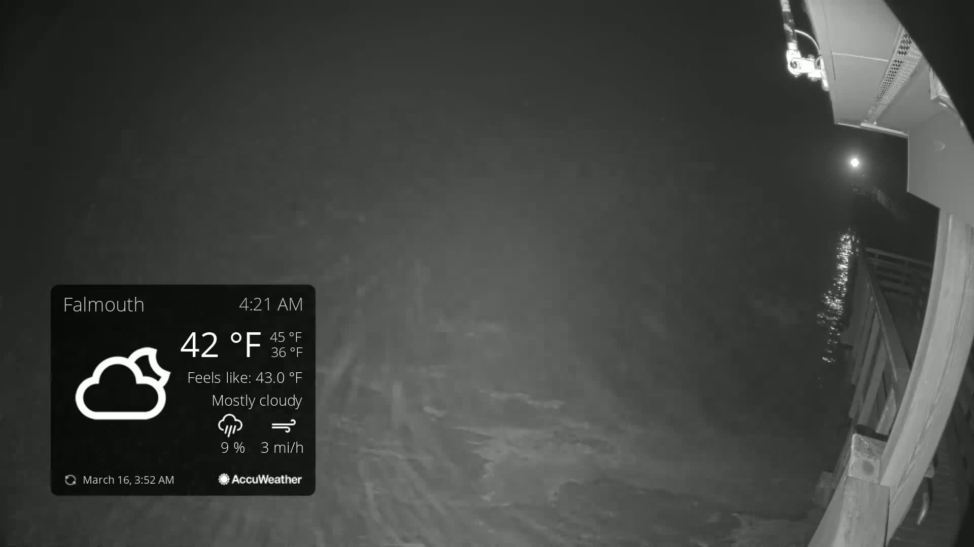 A nighttime, mostly cloudy scene shows a dark body of water next to a wooden pier under a 42°F temperature.