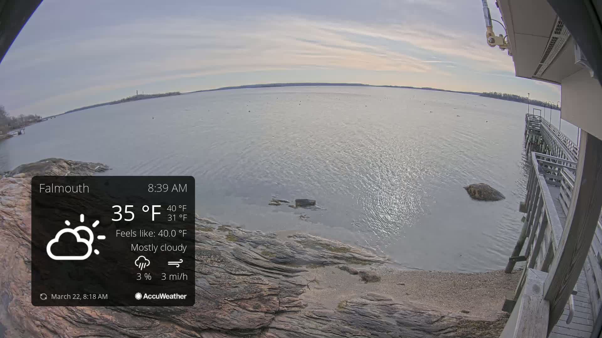 A mostly cloudy, 35°F day overlooks a calm body of water from a rocky shoreline with a wooden pier visible in the distance.