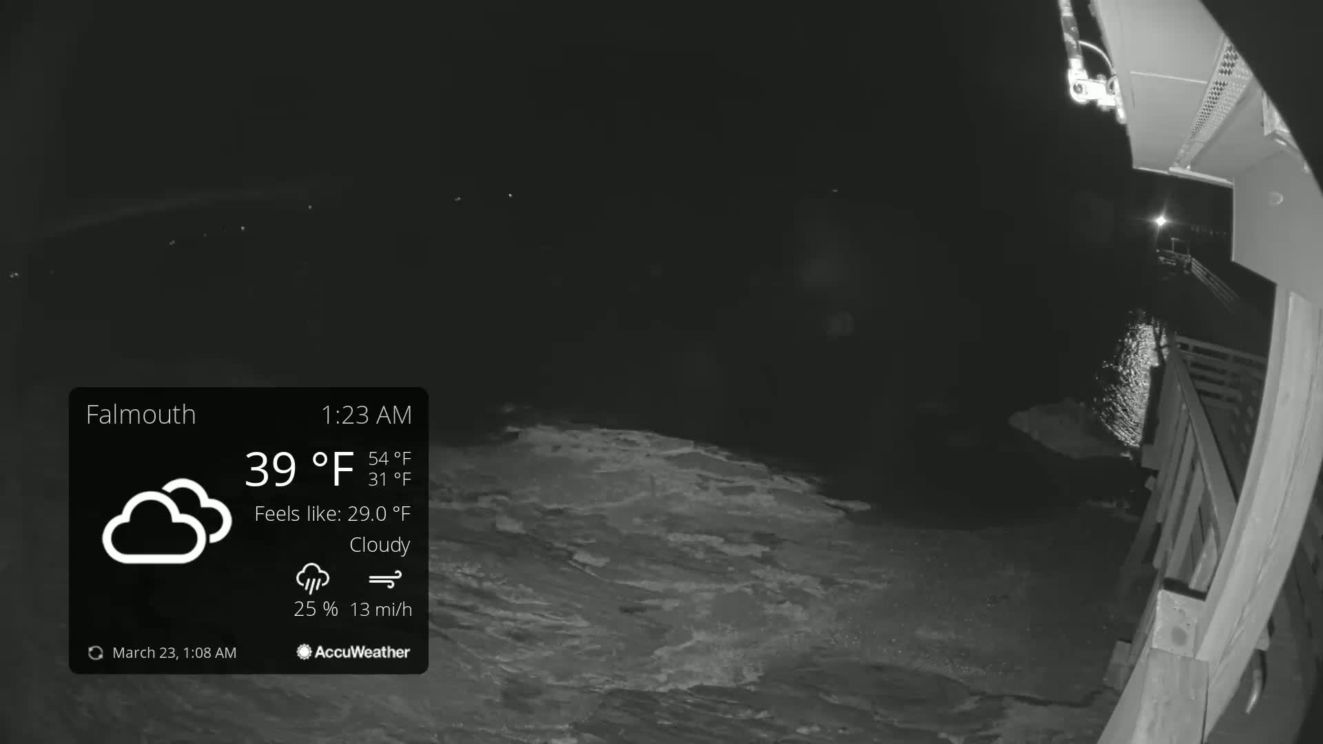 A nighttime, cloudy view of choppy water from a pier, with a 13 mph wind and a temperature of 39°F.