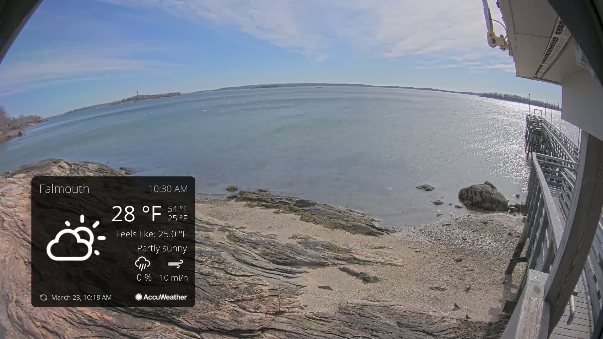 A partly sunny view of a rocky shoreline and calm body of water, with a pier extending from the right side of the frame, under a mostly clear sky.
