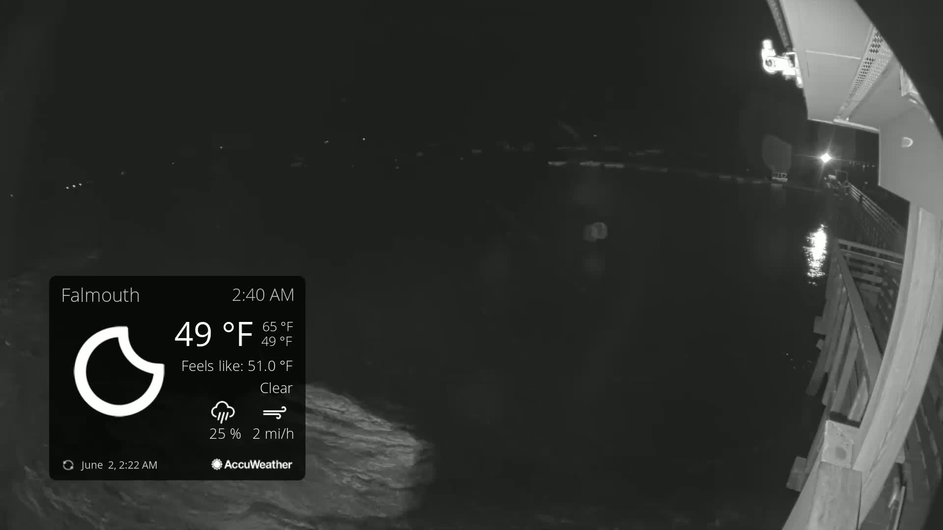A nighttime, clear view of a body of water from a pier under a dark sky with a 2 mph wind.