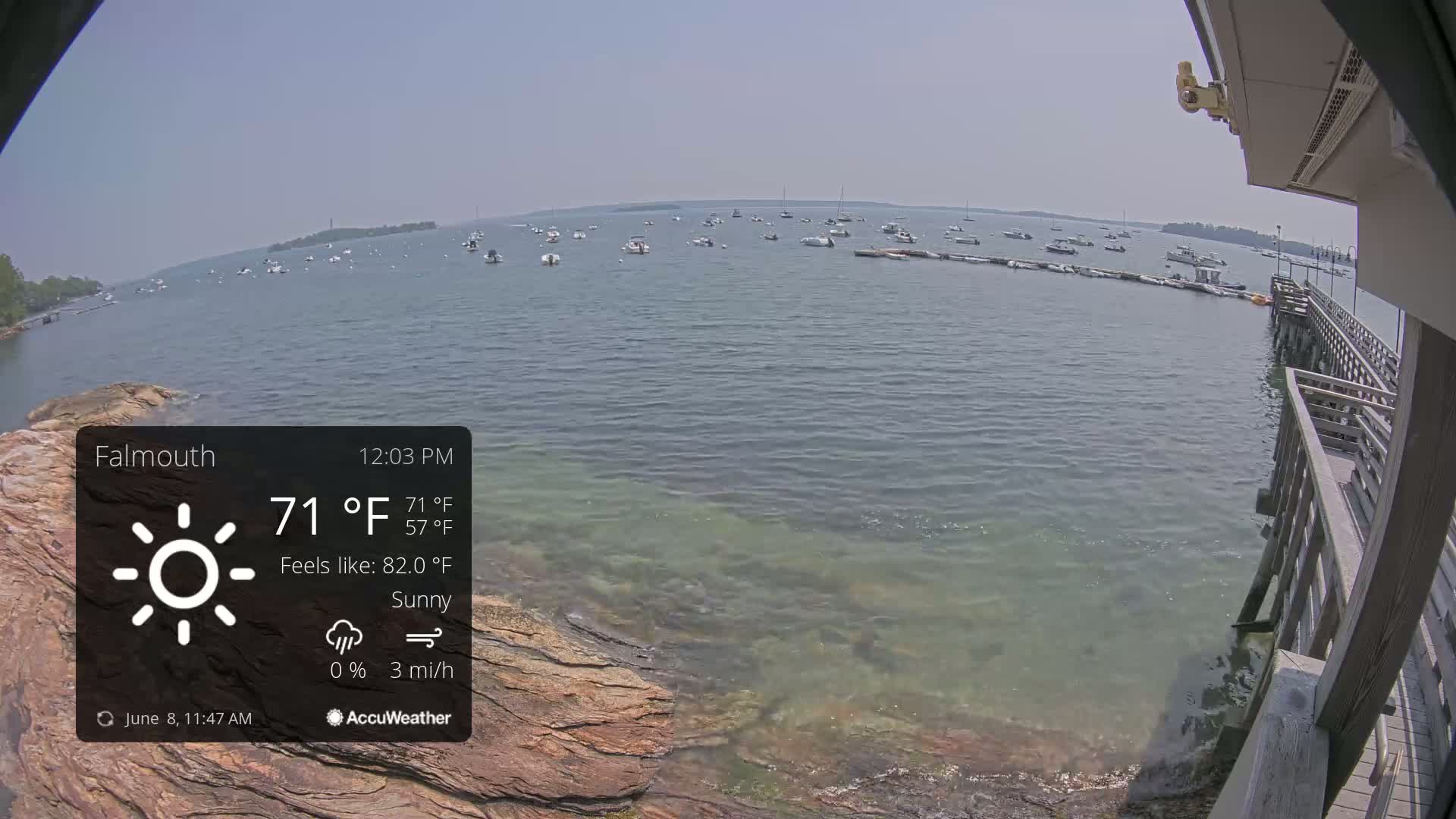 A sunny, calm harbor scene shows numerous boats anchored in clear, shallow water near a rocky shore and wooden pier.