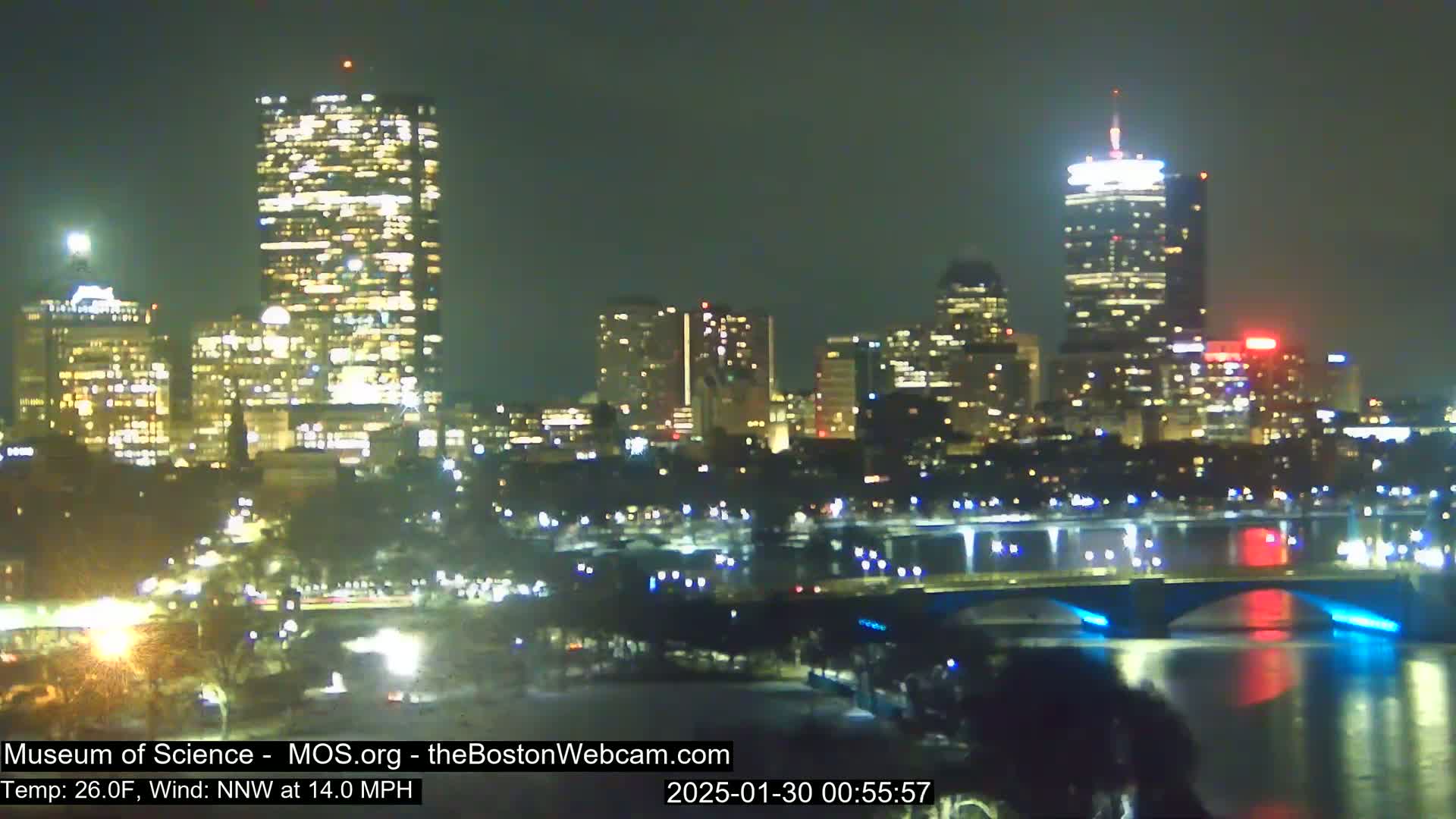 A nighttime view of a city skyline across a body of water, with a bridge illuminated in blue, under a clear sky and a 26°F temperature with a 14 mph northwest wind.