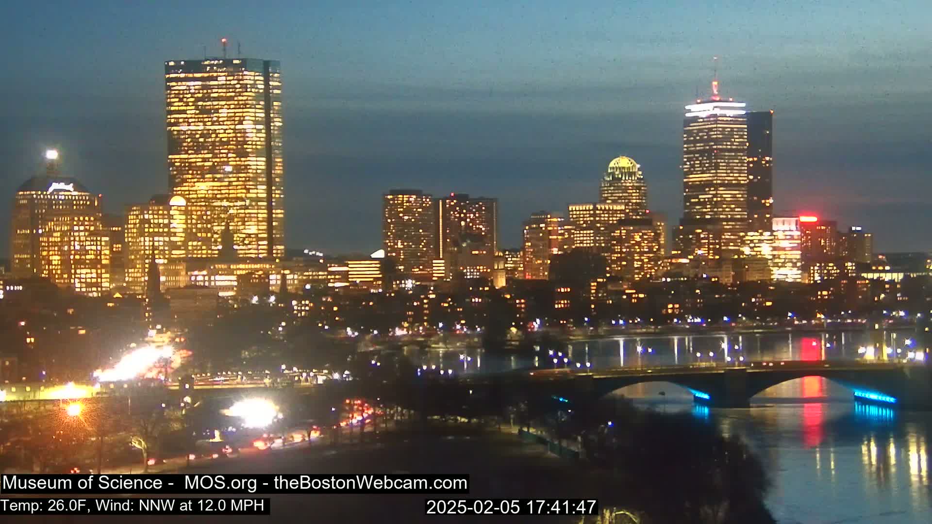 A nighttime view of a city skyline with illuminated buildings, a bridge over a river, and a temperature of 26 degrees Fahrenheit with a north-northwest wind at 12 miles per hour.