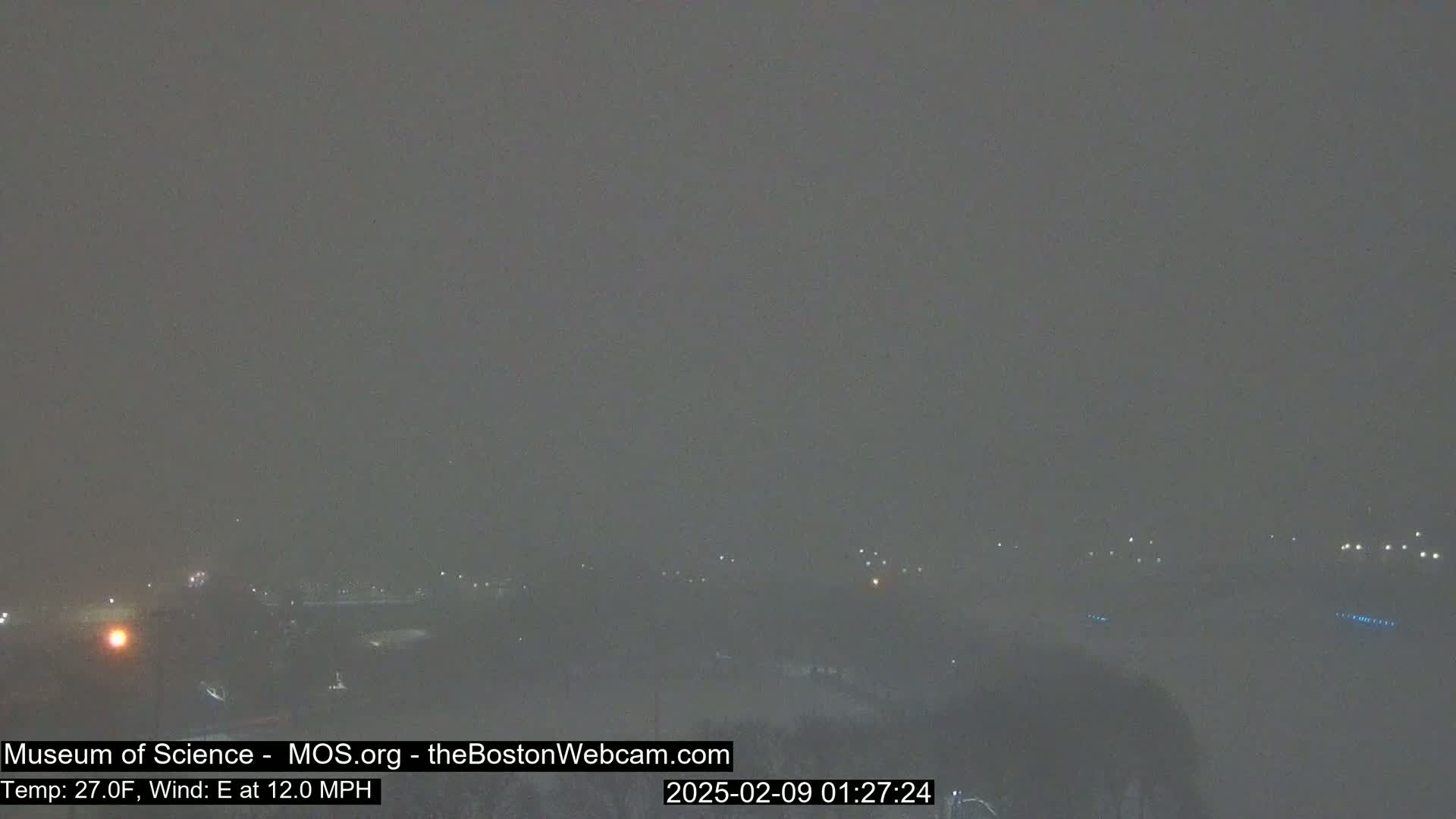 A nighttime, snowy scene shows faintly lit buildings and trees under a heavy, gray sky with an easterly wind.