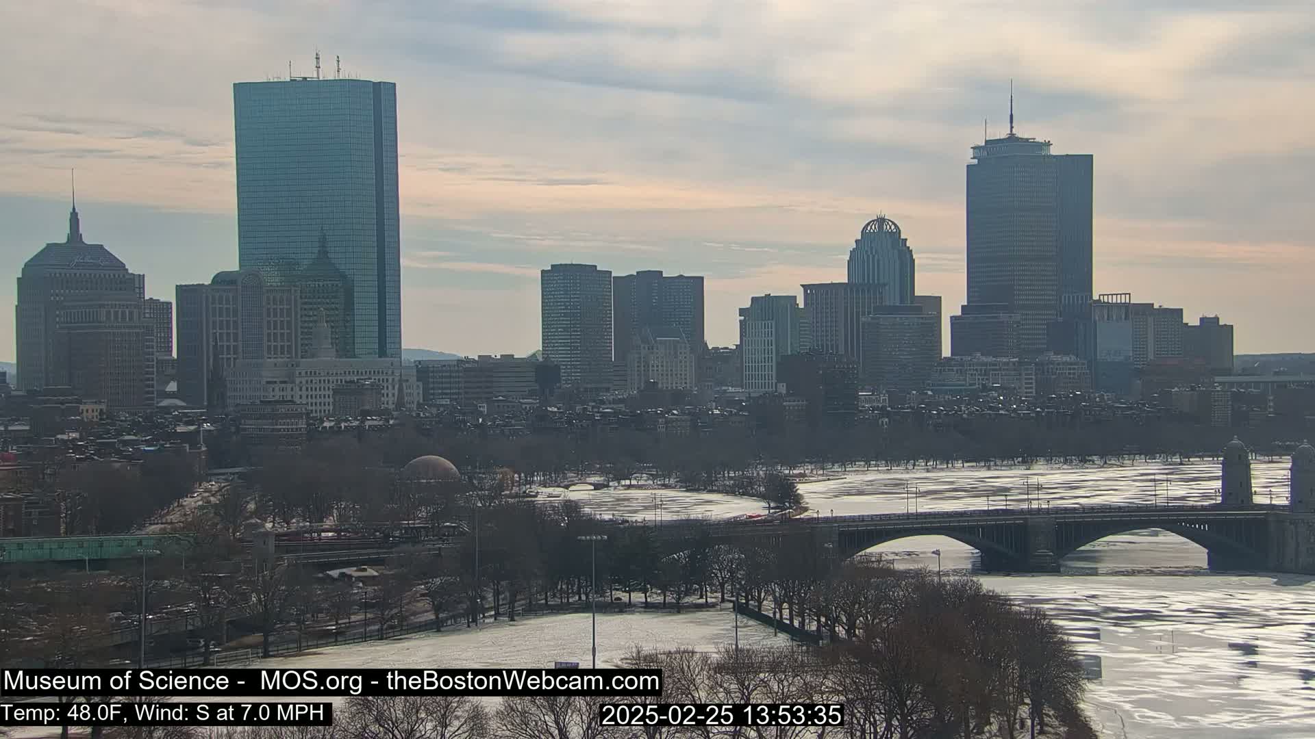 A city skyline with numerous skyscrapers is visible across a partially ice-covered river on a partly cloudy day with a temperature of 48°F and a south wind at 7 mph.