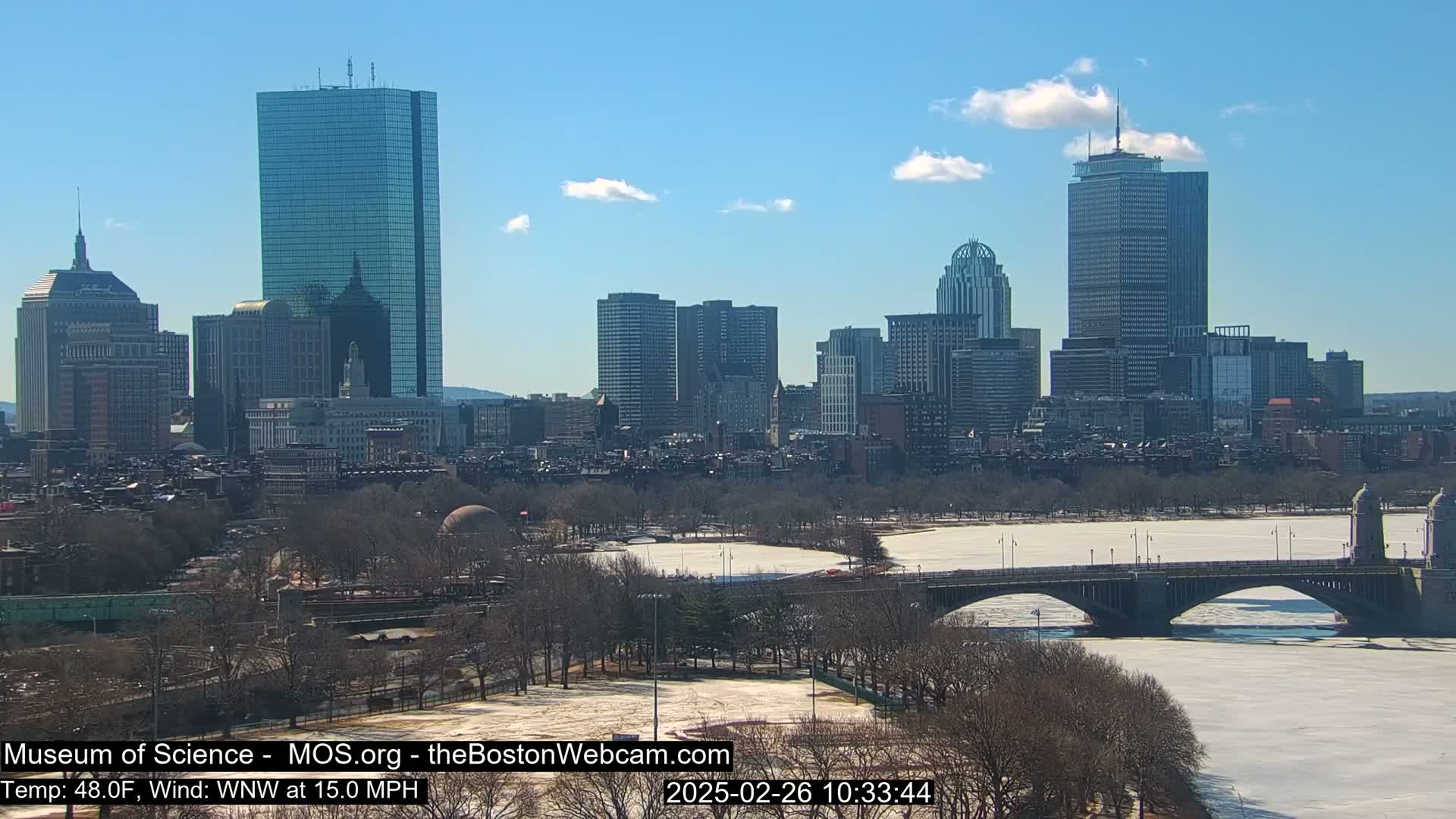 A partly sunny day with a 15 mph wind shows the Boston skyline across a partially frozen river with a bridge in the foreground.