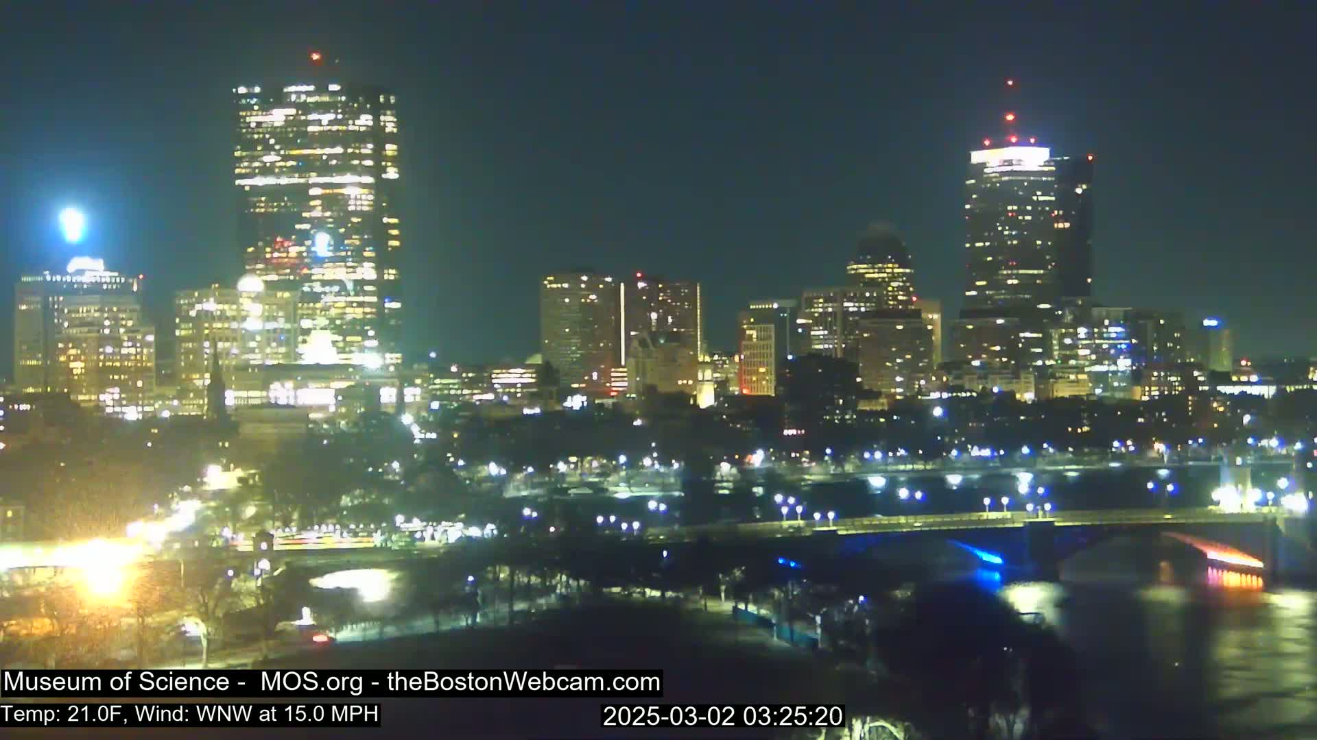 A nighttime view of a city skyline illuminated with many lights, across a river with a bridge, under a clear, dark sky with a  wind of 15 mph.