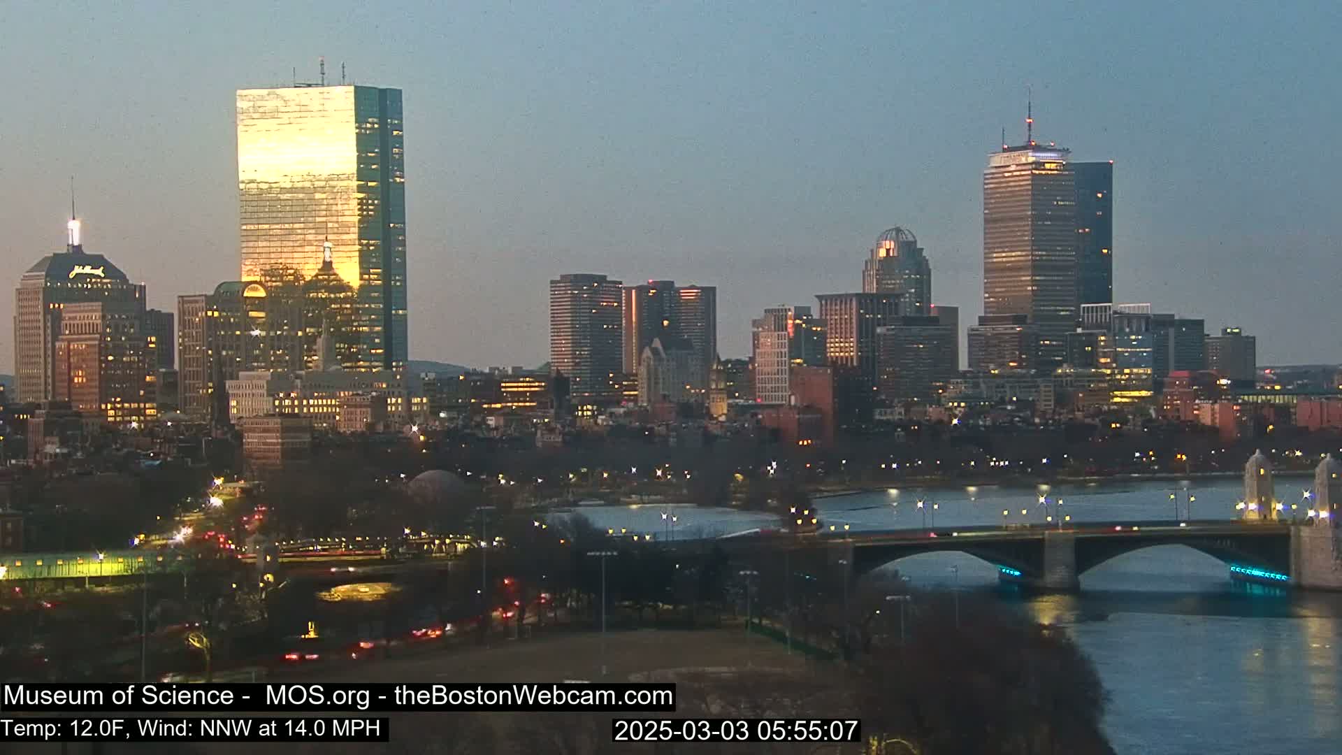 A city skyline at twilight, with a bridge over a dark river, under a clear, dusky sky, and a 14 mph wind.
