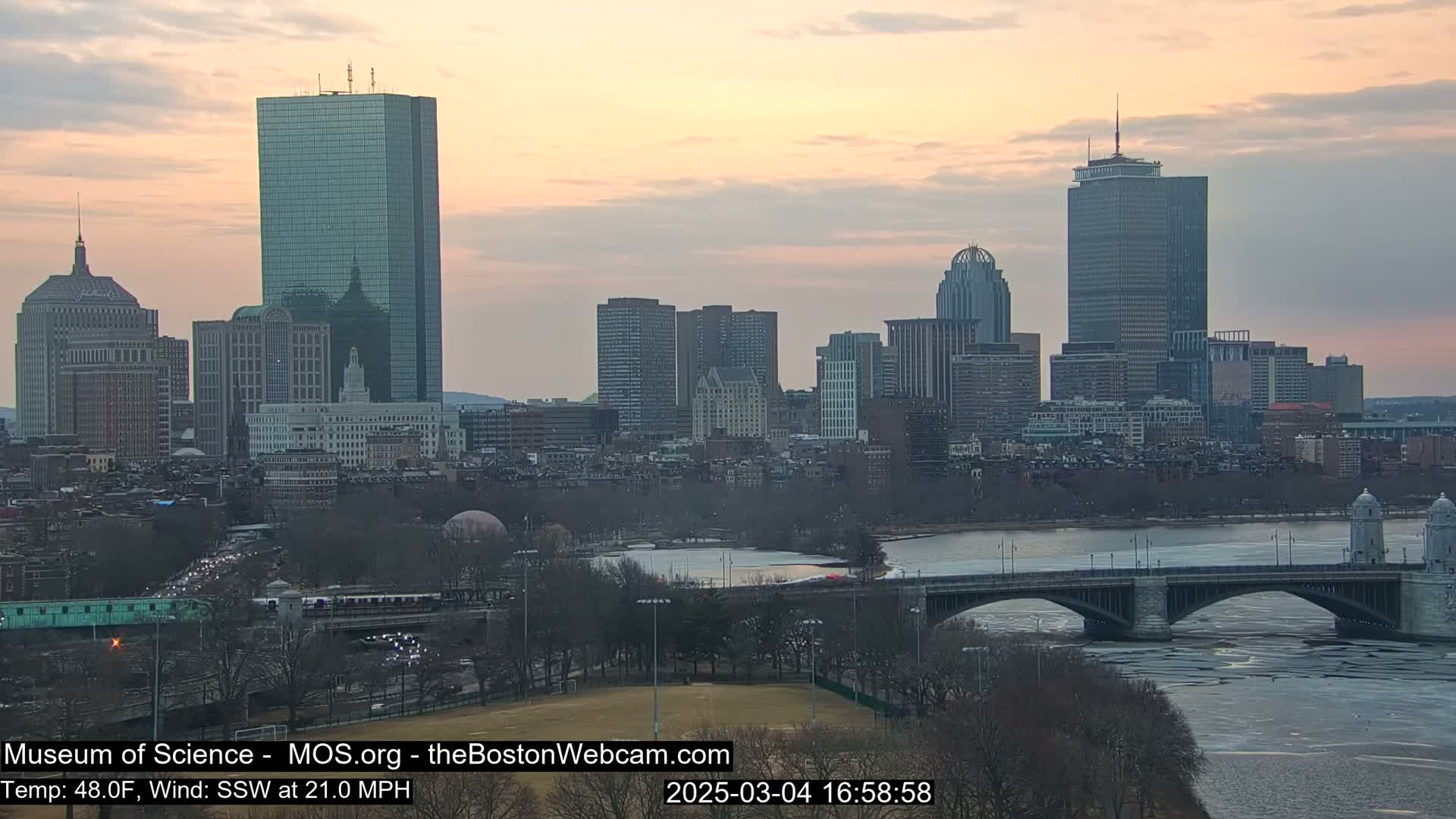 A city skyline at sunset with a river partially frozen over and a bridge crossing it, under partly cloudy skies and a strong southwest wind.