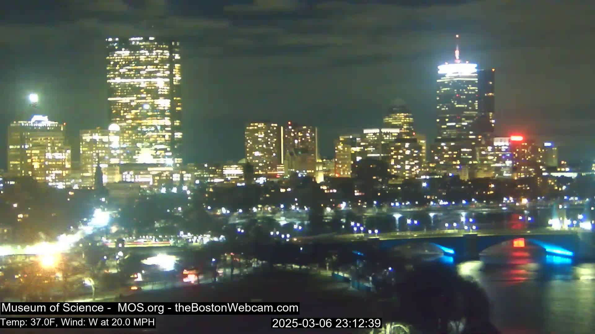 A nighttime view of a brightly lit city skyline across a body of water, with a bridge in the foreground under a partly cloudy sky and a 20 mph westerly wind.