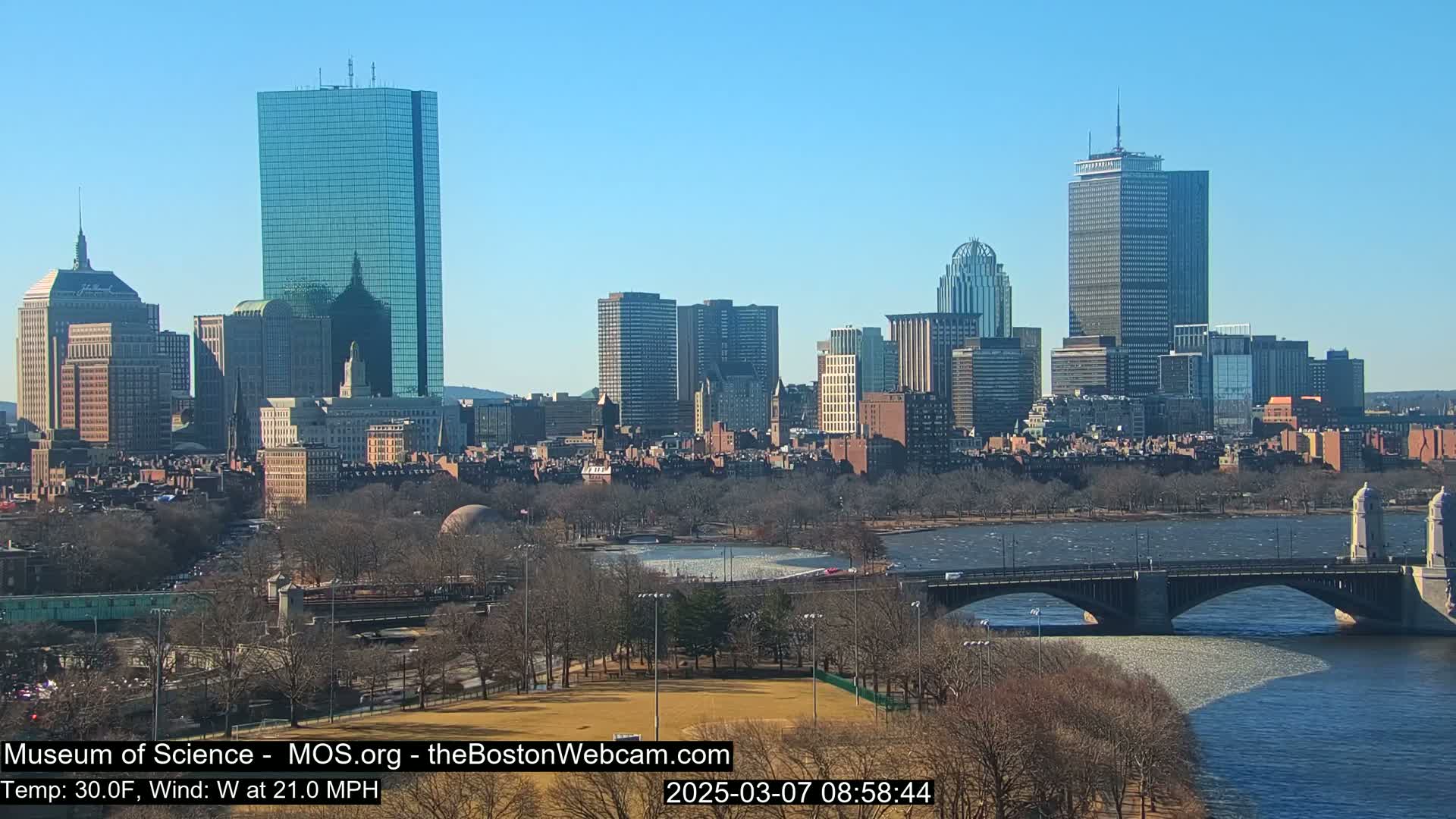 A sunny cityscape with a river and bridge, under a clear blue sky, with a 21 mph westerly wind and a temperature of 30°F.
