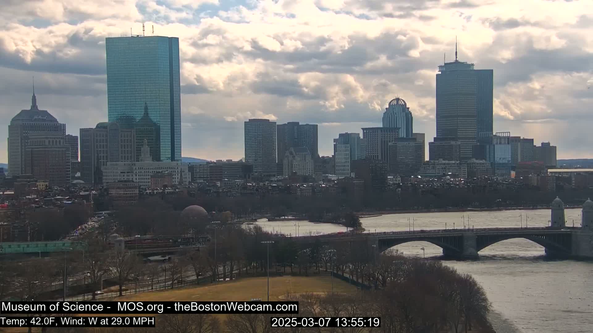 A city skyline with several tall buildings is visible across a river with a bridge under a cloudy sky, with a strong west wind.