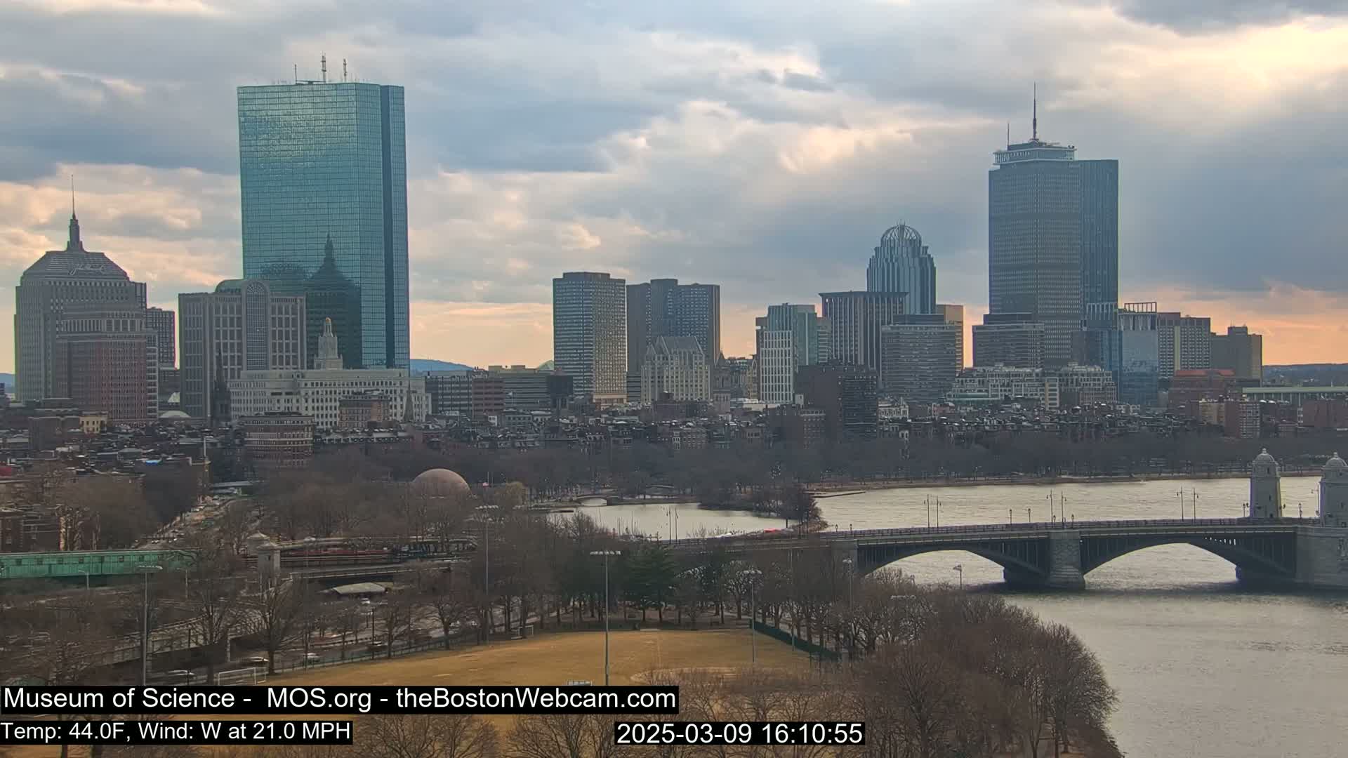 A city skyline with several skyscrapers is visible across a river under a partly cloudy sky with a west wind.