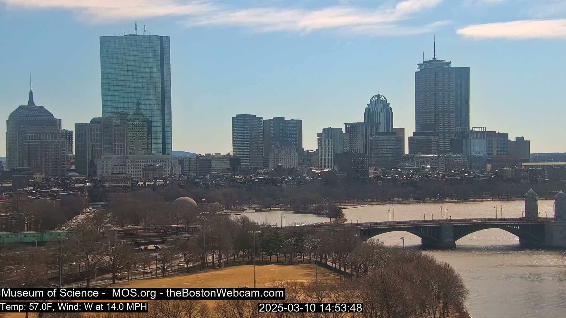 A sunny cityscape with a river and bridge, under a mostly clear sky with a light wind.