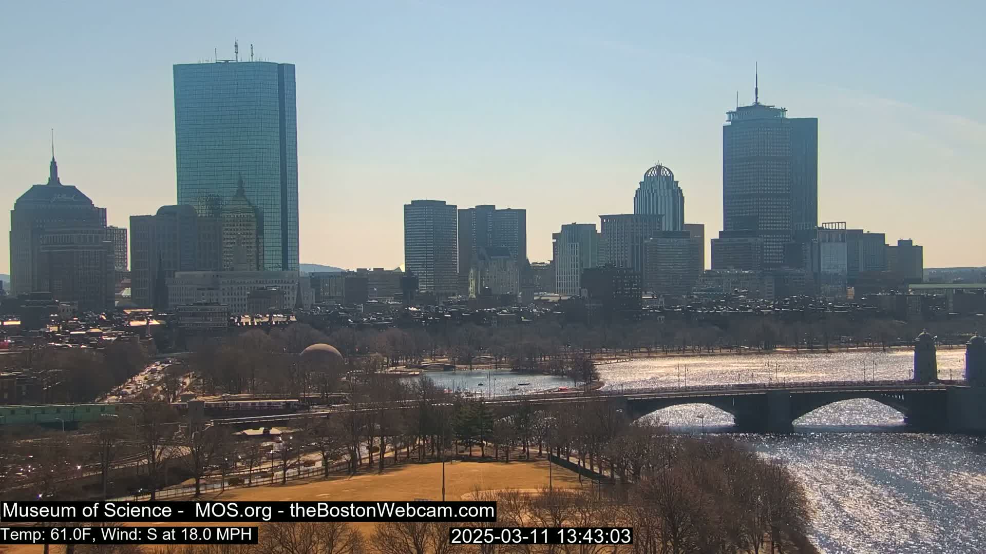 A sunny cityscape with numerous skyscrapers is visible across a river and bridge, with bare trees lining the riverbanks.