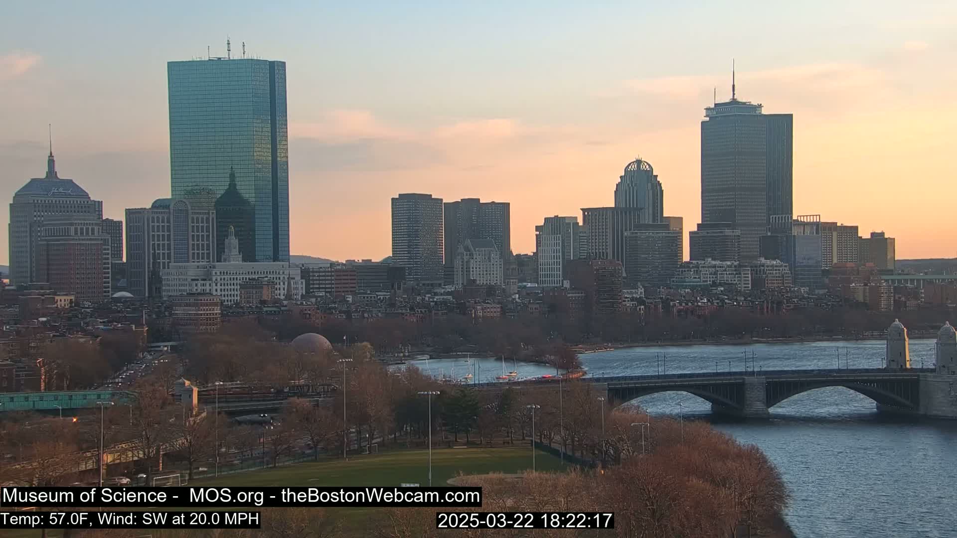 A cityscape at sunset, with a river and bridge in the foreground, under a clear, pale orange sky, and a southwest wind at 20 mph.