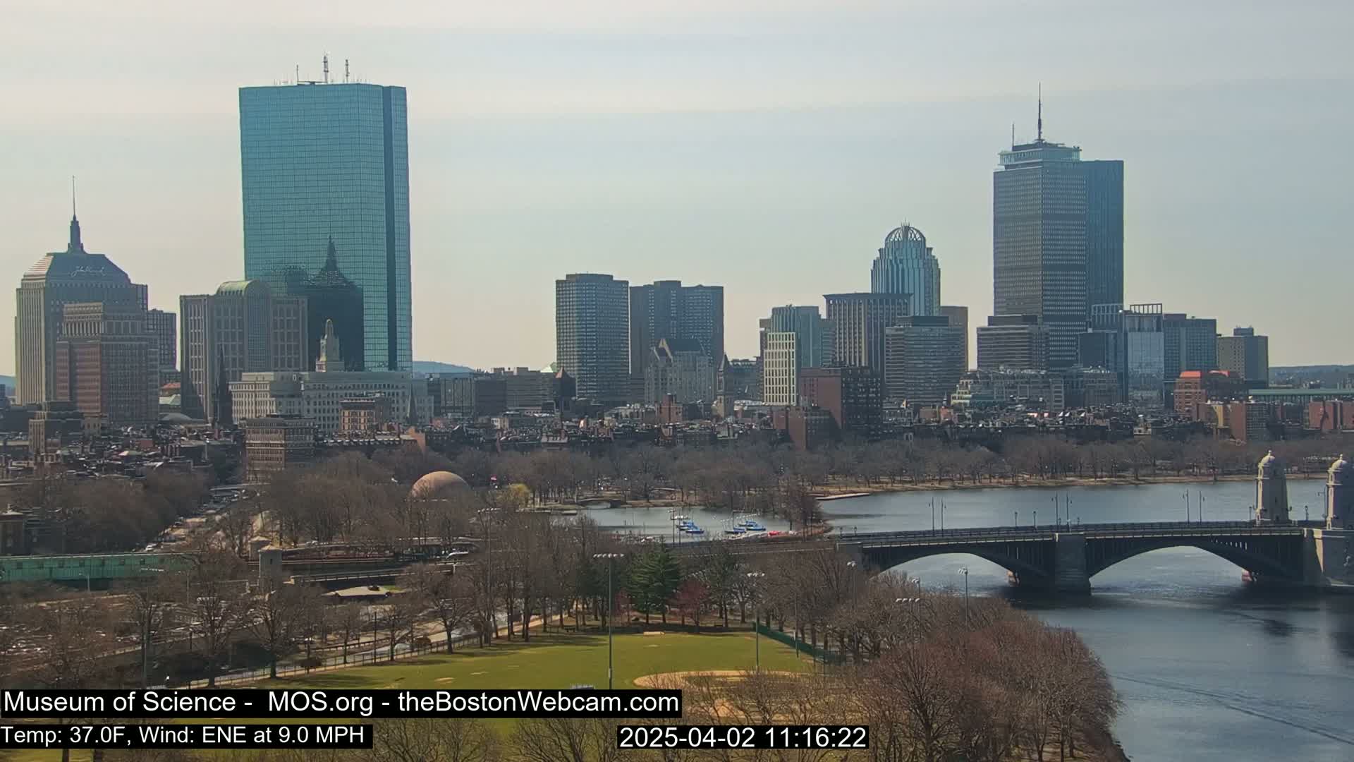 A cityscape with several skyscrapers is visible across a river, with a bridge in the foreground on a partly sunny day with a 9 mph wind.