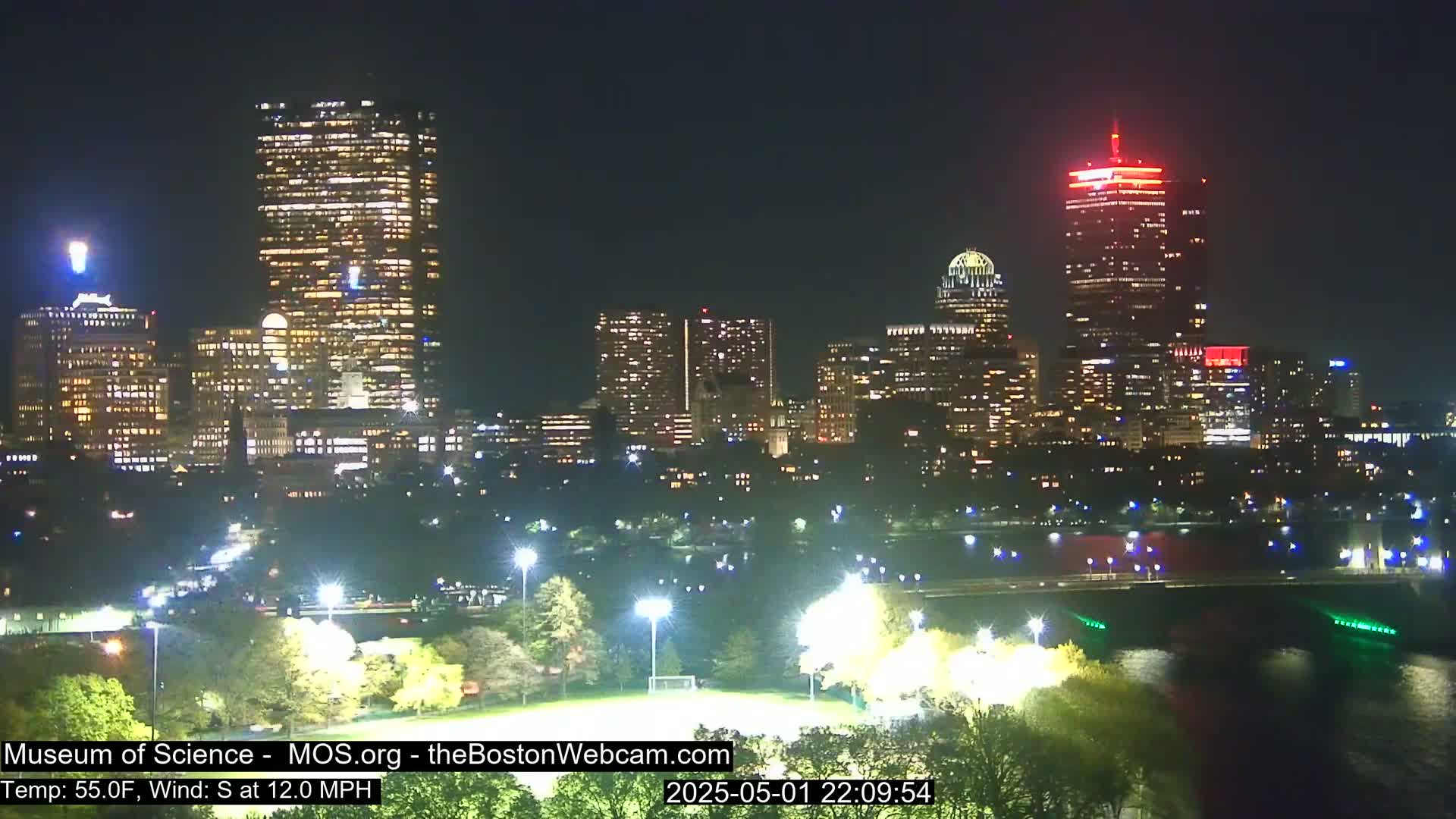 A nighttime view of a city skyline illuminated with many lights, with a park in the foreground under a clear, dark sky.