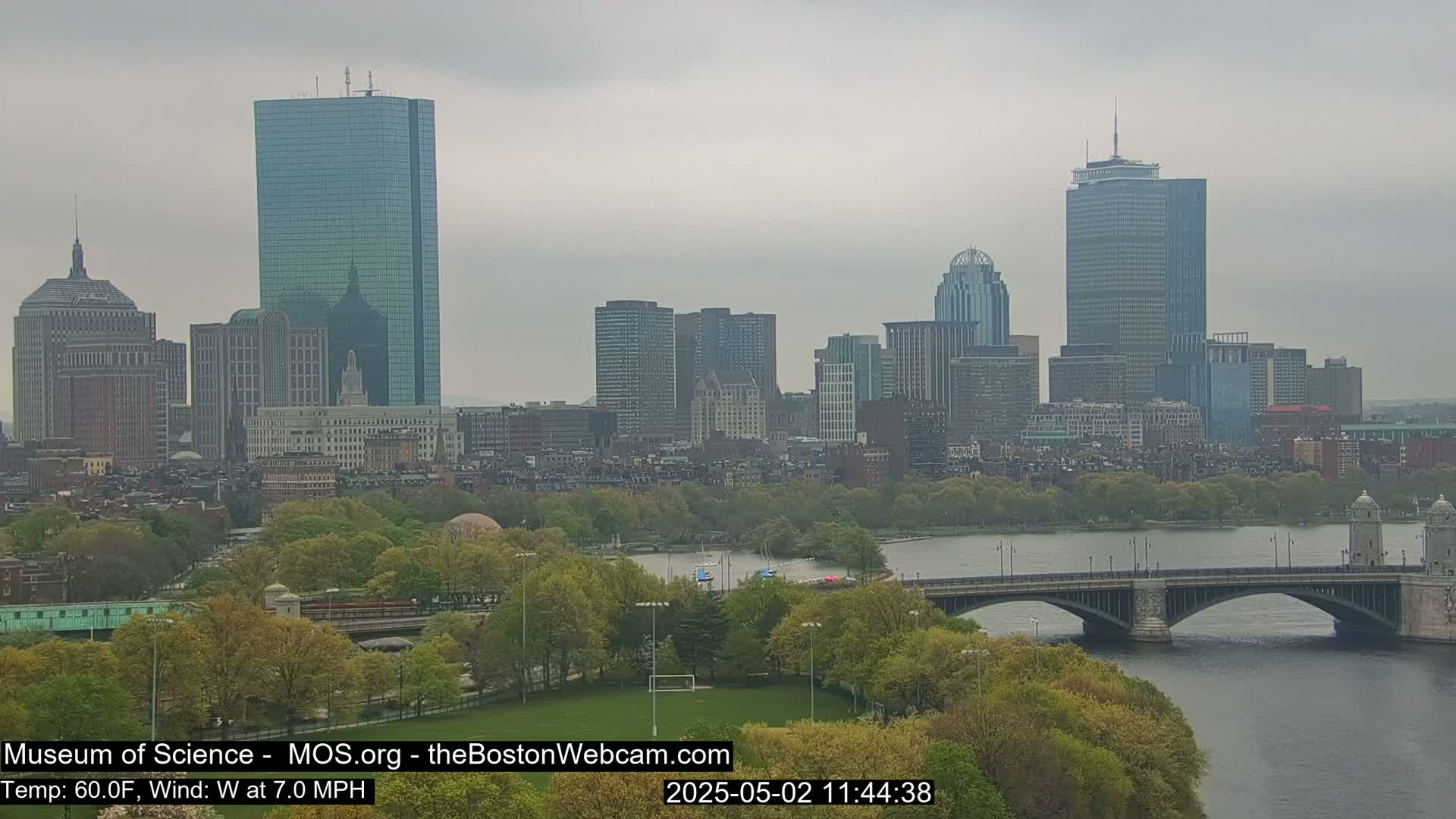 A view of the Boston skyline on an overcast day, showing a river, a bridge, and green trees.
