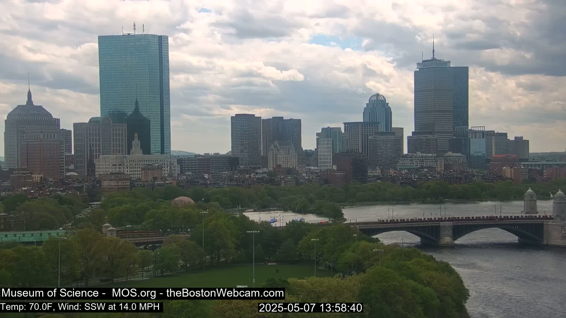 A city skyline with numerous skyscrapers and a river, under a partly cloudy sky, with a temperature of 70°F and a south-southwest wind at 14 mph.