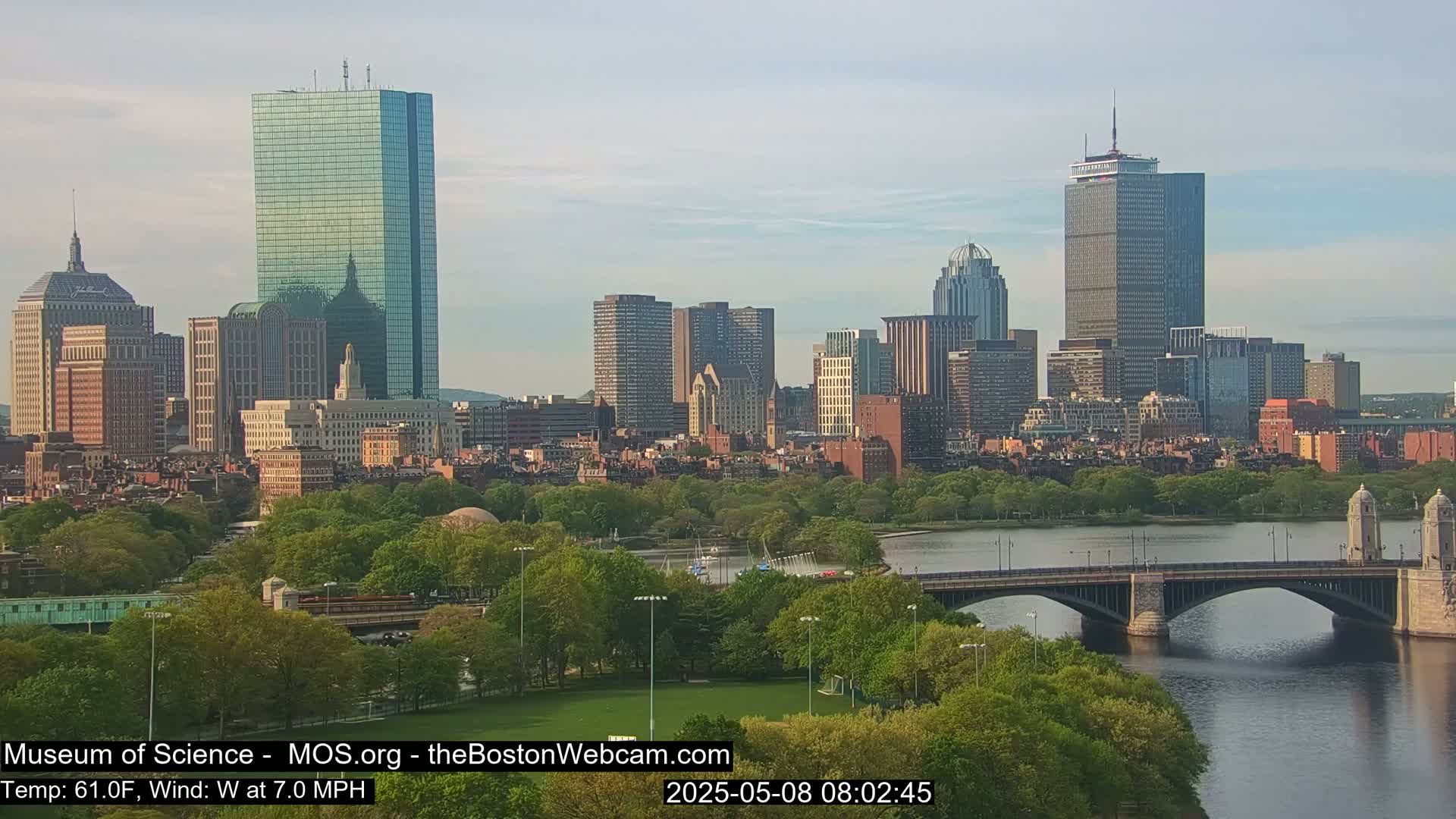 A city skyline with numerous skyscrapers and a bridge over a river, under a partly cloudy sky.
