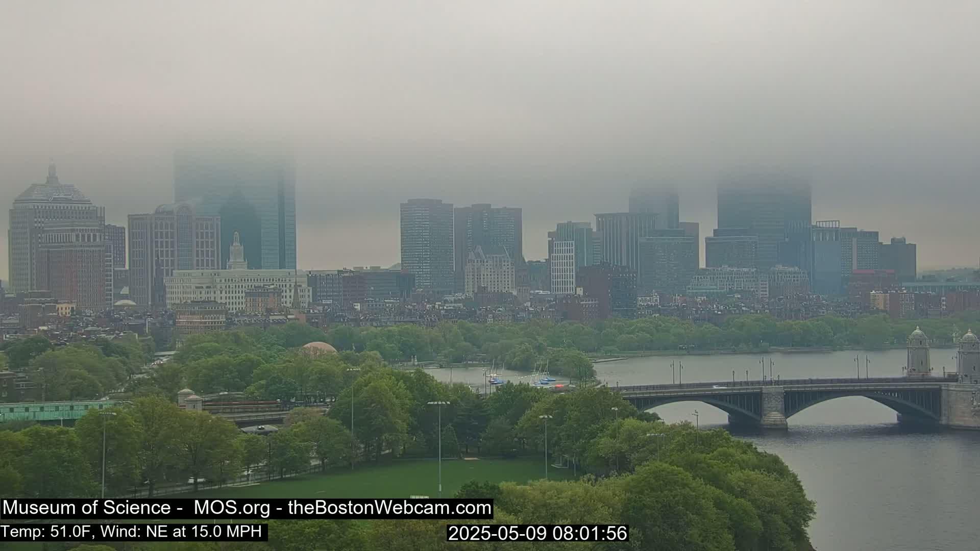 A foggy cityscape with a bridge over a river, surrounded by lush green trees.