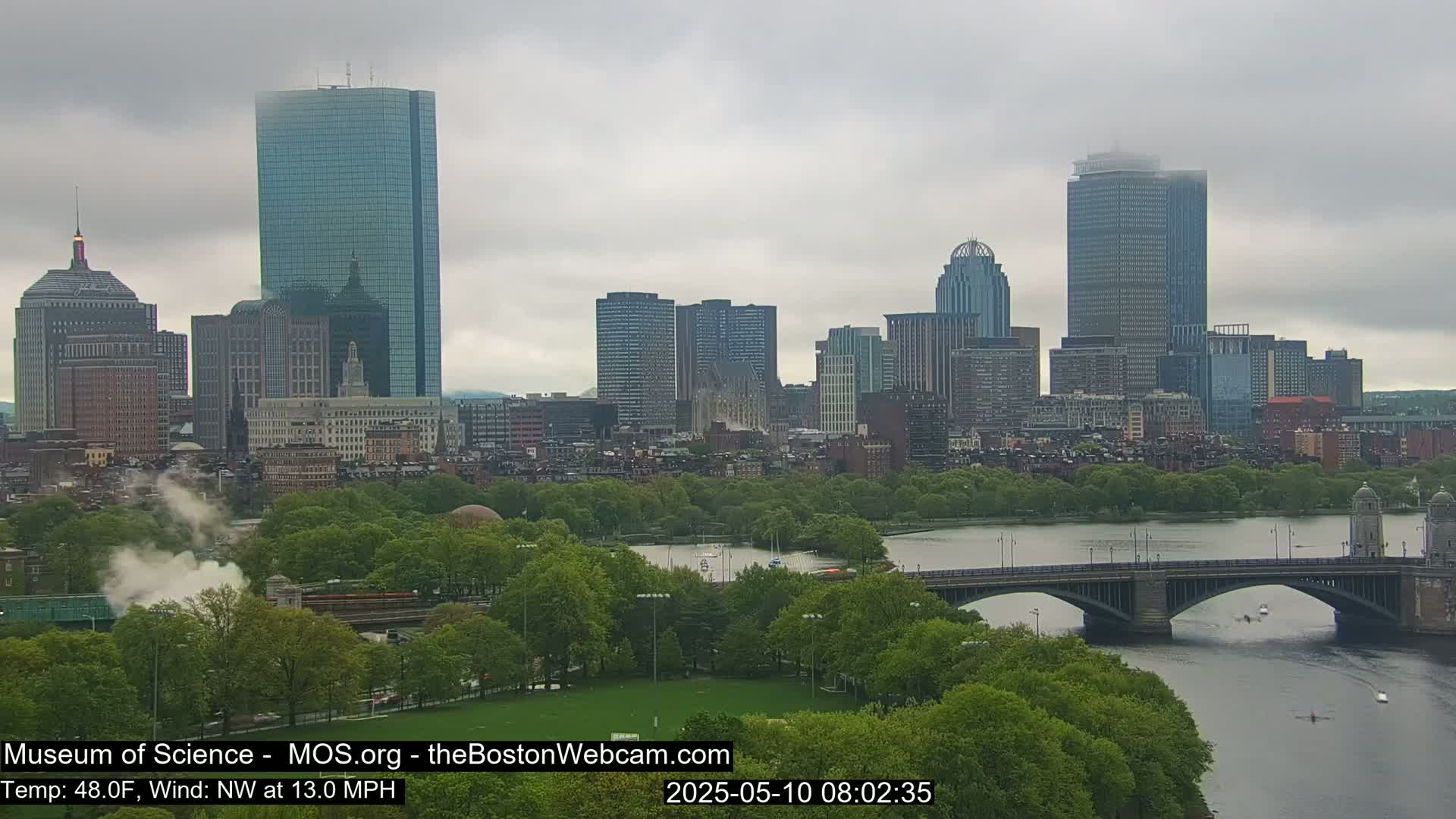 A city skyline with numerous skyscrapers is visible across a river, under an overcast sky, with green trees lining the riverbanks and a bridge spanning the water; several small boats are on the river.