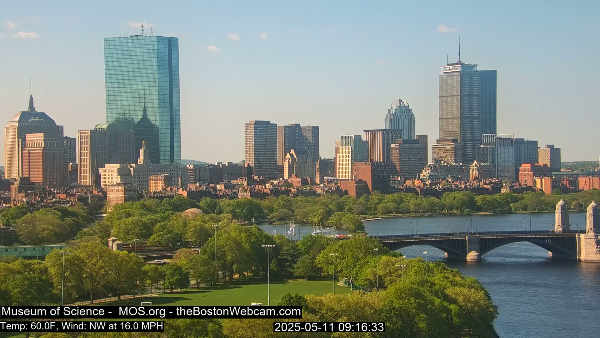 A city skyline with numerous skyscrapers is visible across a river, under a clear, sunny sky, with a bridge and lush green trees in the foreground.