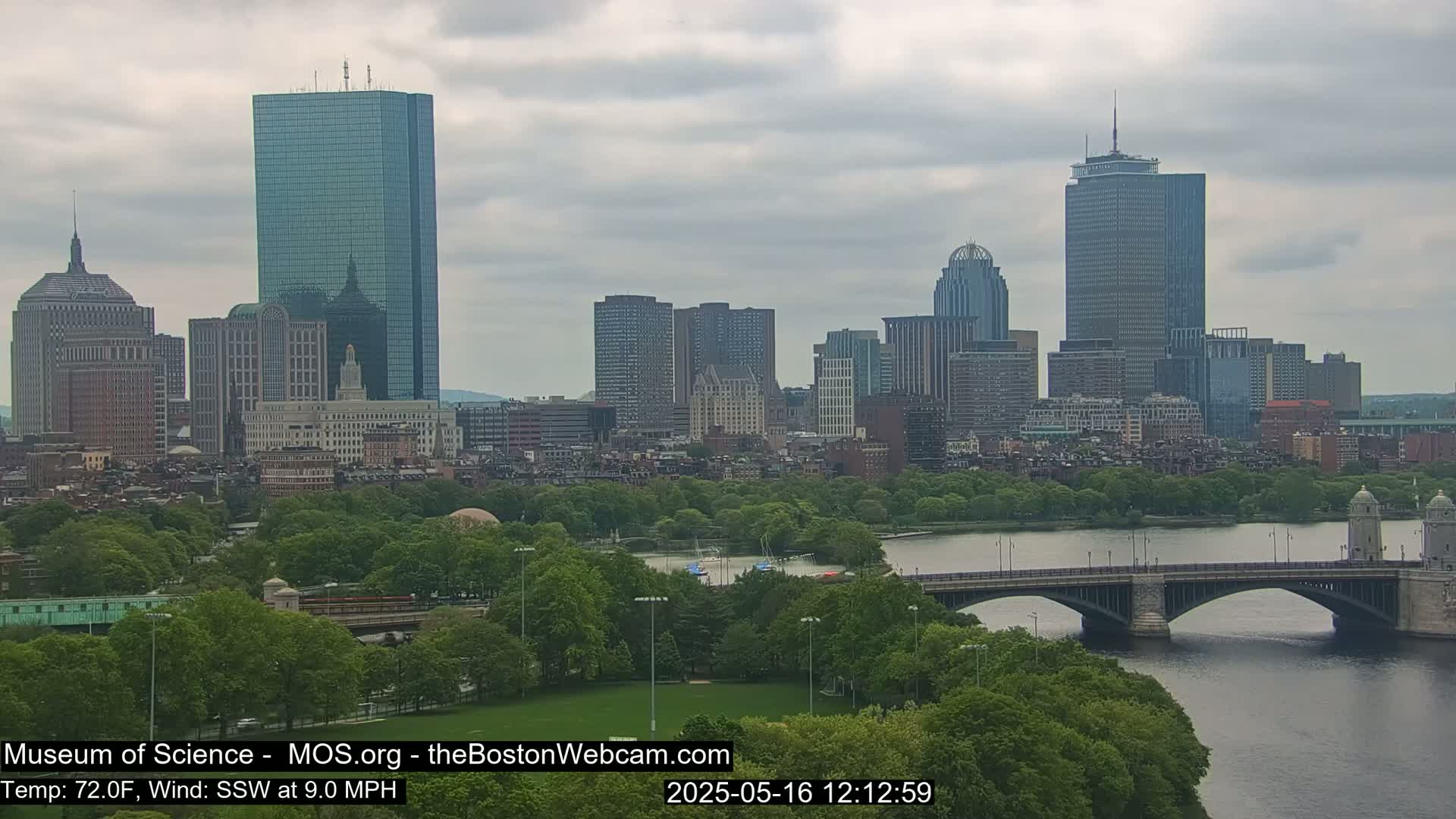 A cityscape with numerous skyscrapers and buildings is shown under a cloudy sky, alongside a river with a bridge, and lush green trees along the waterfront.