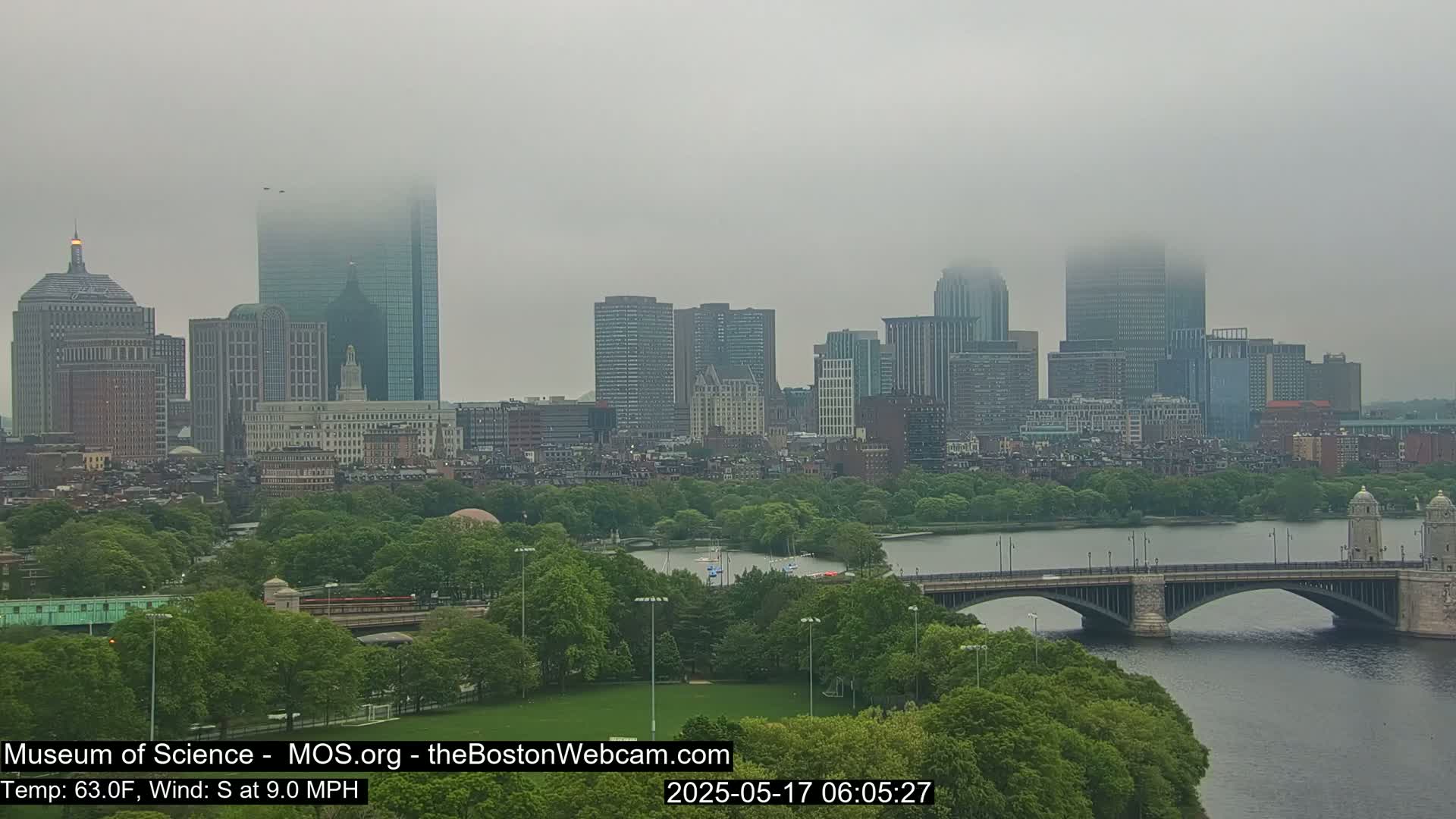 A foggy cityscape with a river and bridge is visible, with green trees in the foreground.